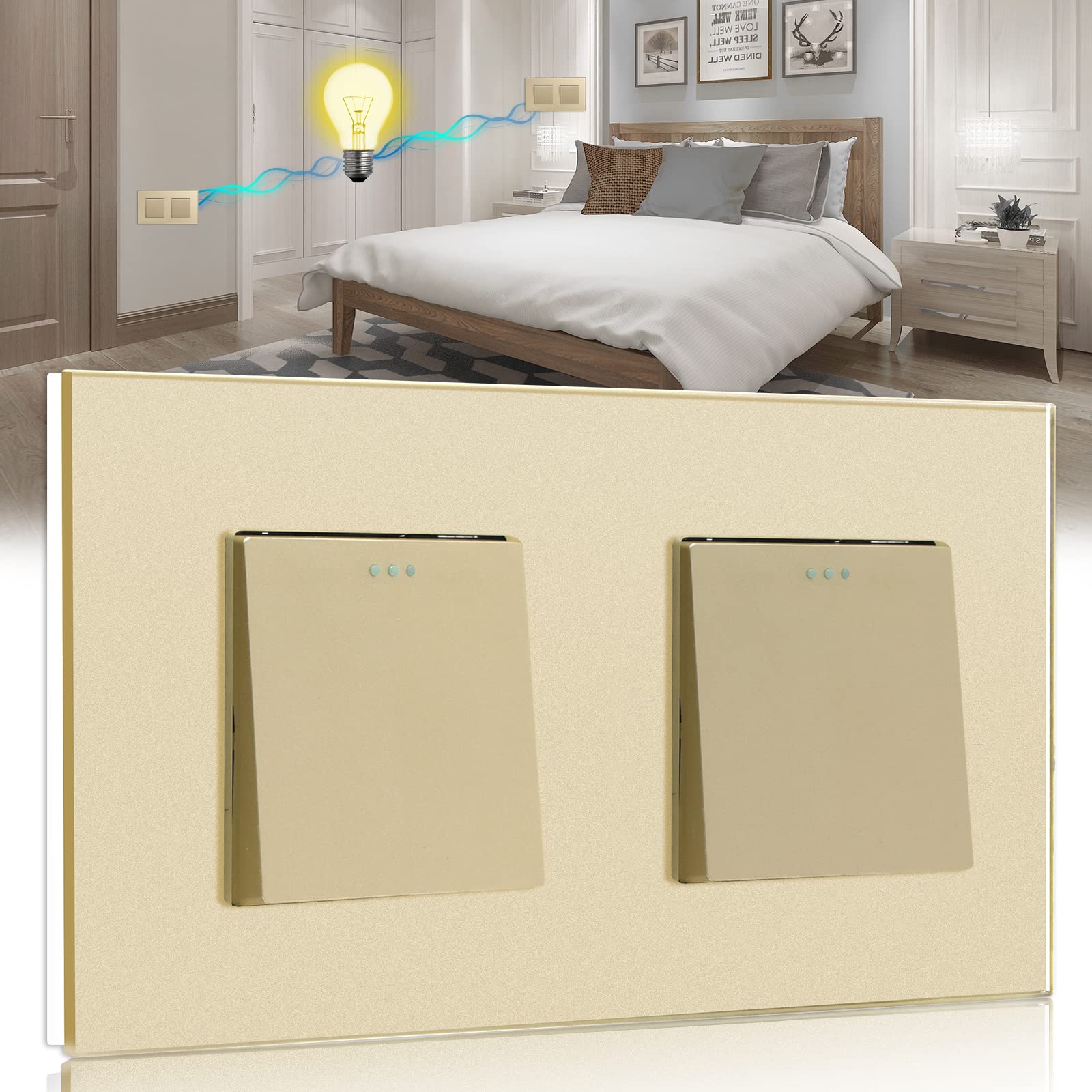 BSEED Light Switch 1 Gang 2 Way+1 Gang 2 Way Glass Light Switches Screwless 10A Rocker Tactile Wall Switch Gold Crystal Toggle Switch 146mm — image 1
