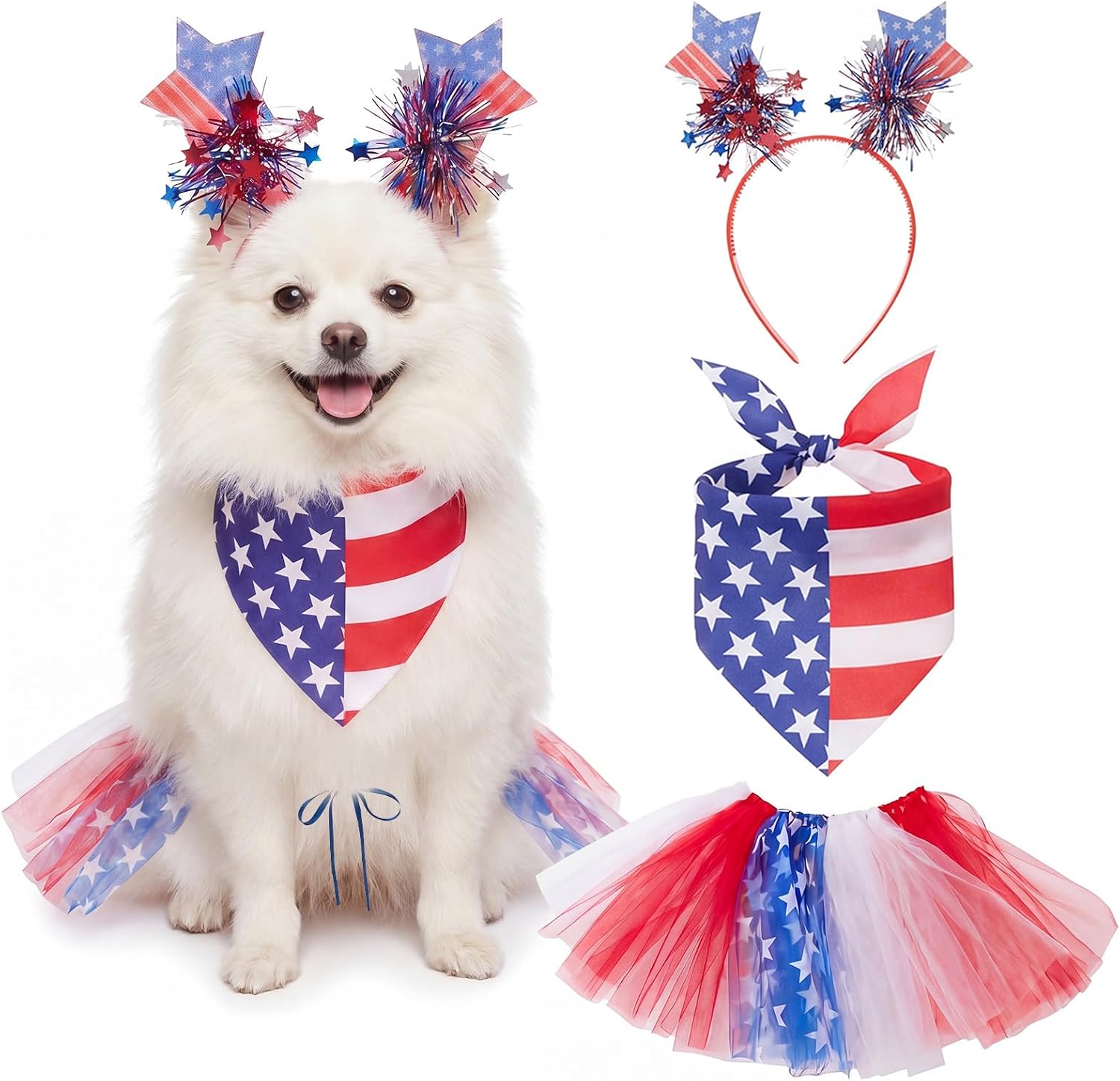 Huhumy 3 Pcs July 4th Dog Outfit Patriotic Flag Bandana Tutu Headband | For July 4th Memorial Day Parties, Fits Puppies Cats Pets, Stars Stripes Design, Soft Tutu Bandana Headband Accessories