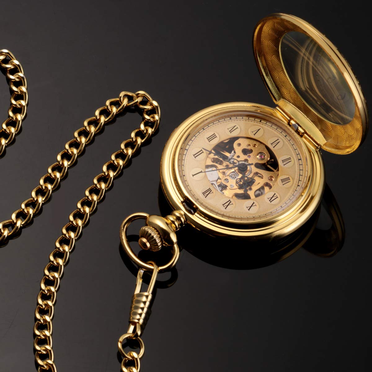 ManChDa Relojes de Bolsillo mecánicos de Doble Cubierta con números Romanos, Esfera de Esqueleto Grabado, con Caja y Cadena, Grabado Personalizado