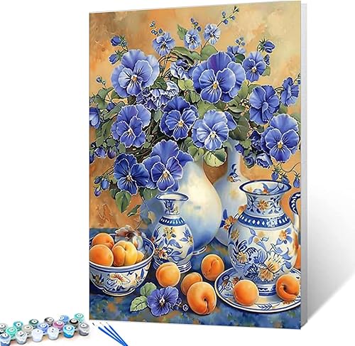 Tucocoo Bumbers - Pintura de flores para adultos principiantes, florero de flores azules, pintura por números, pintura acrílica, lienzo vintage,