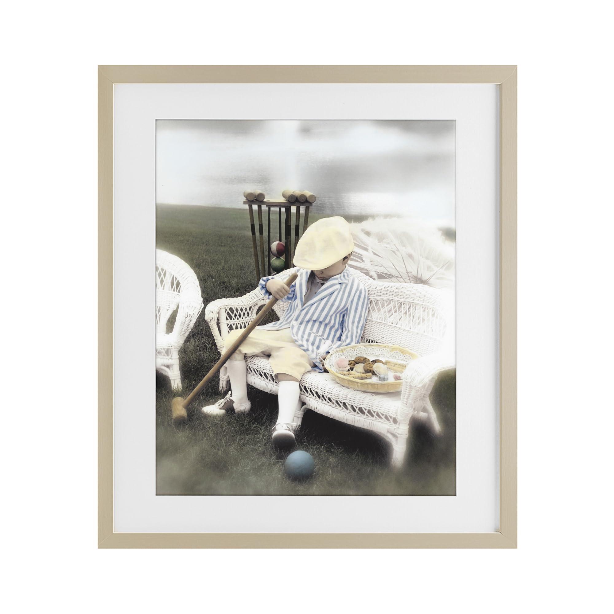 Stupell Industries Vintage Croquet Playtime Serenity 'Child With Croquet Mallet', Framed Print Under Glass, Brown, 17 X 21 Inches, Easy To Hang And Sturdy, Made In Usa, By Kendra Dew