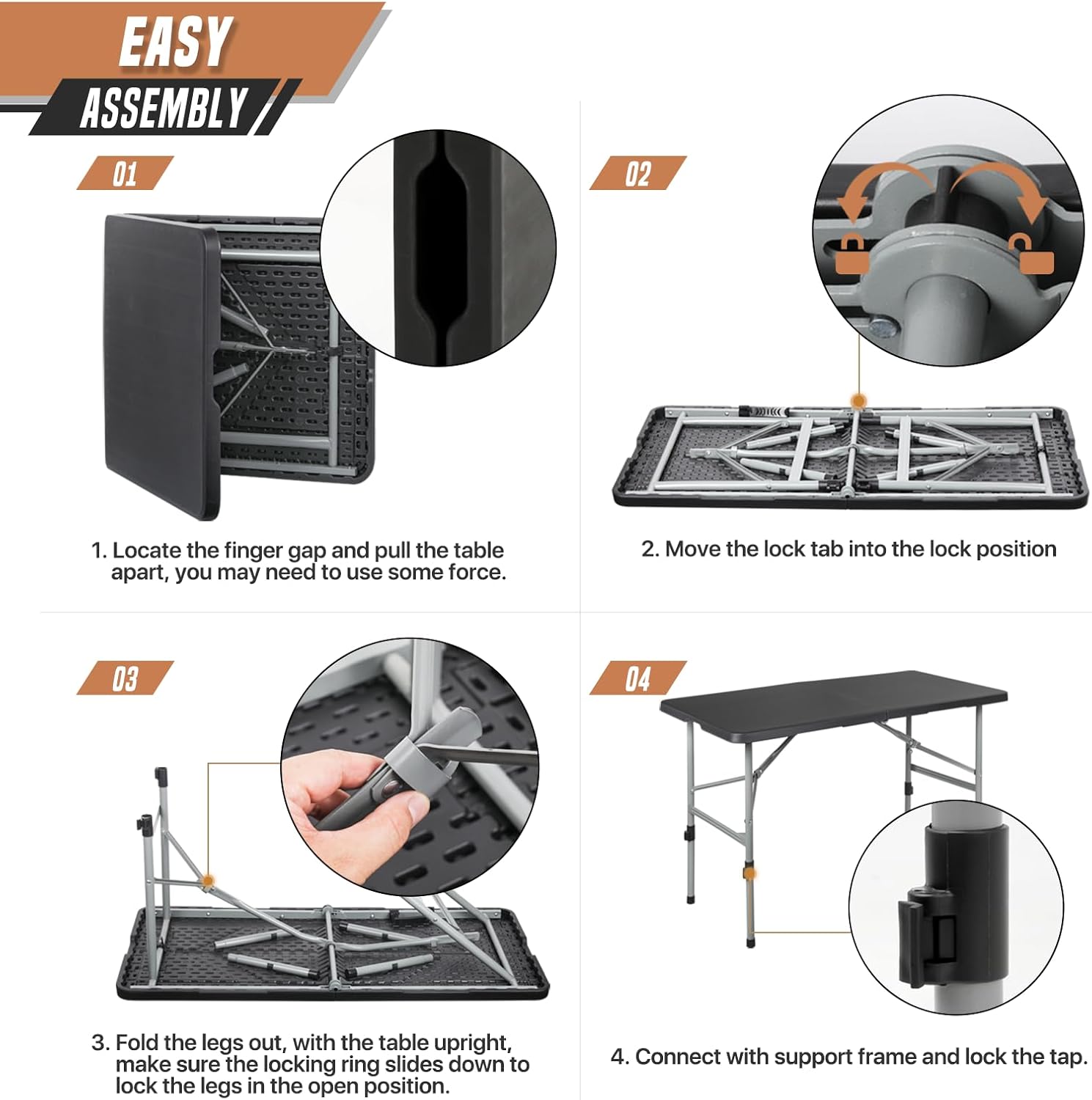 4' Plastic Folding Table, Collapsible Camping Table, Rectangular Picnic Table with Steel Frame, Stable Legs Design, Easy Carry and Storage, Outdoor Folding Tables for Indoor Outdoor, Black