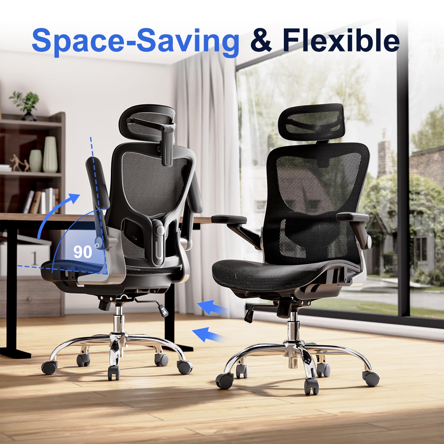 Ergonomic Office Chair，Mesh Seat Cushion with 3D Armrests and 3D Headrest, Adjustable Lumbar Support with Rocking Function, SGS Class 4 Gas Clylinder，Black