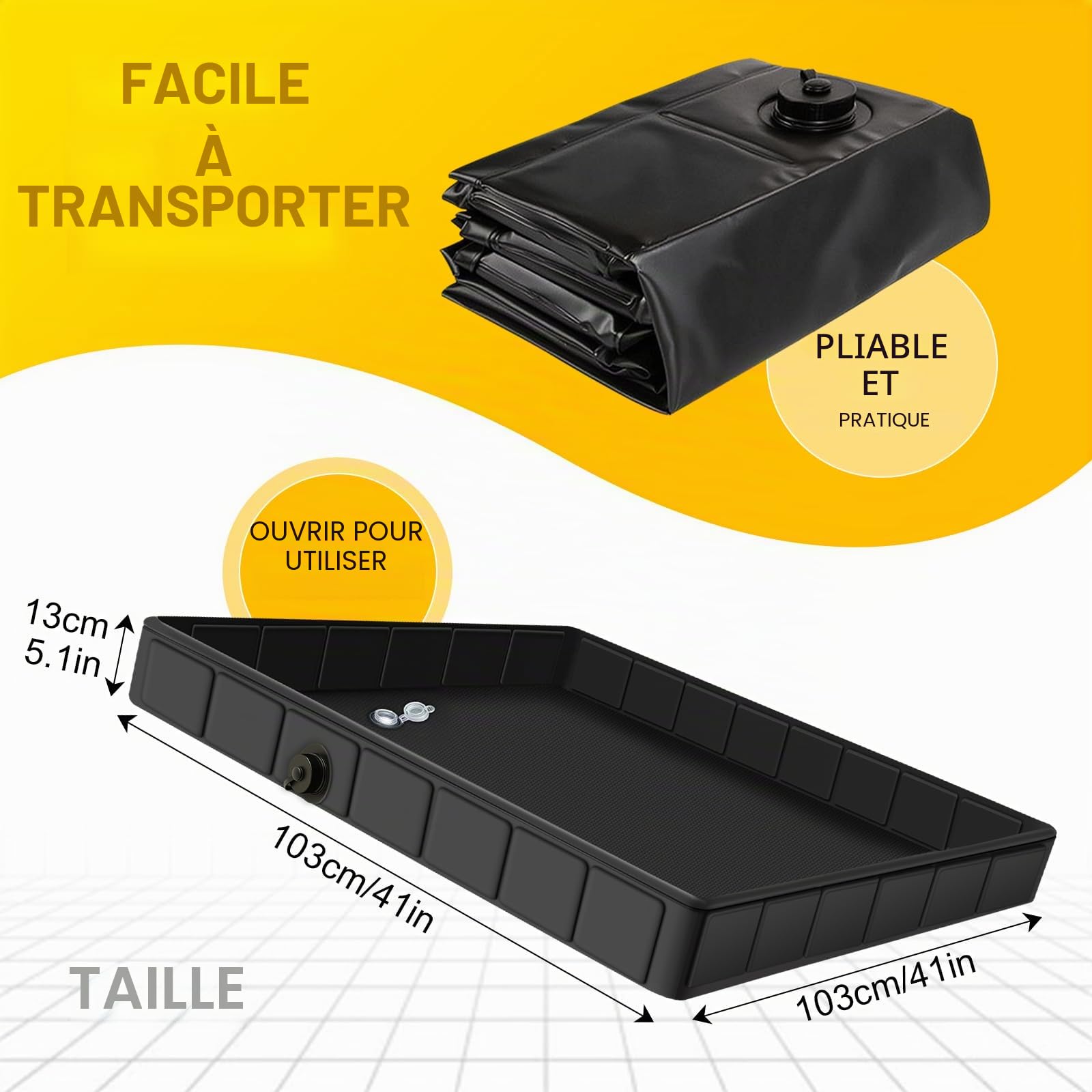 Pliable Base de Douche, 103x103x13cm Grand Bac de Douche avec 2 Trous d'évacuation, 1M Tuyau d'évacuation et Texture Antidérapante, Base de Douche pour Camping, Extérieur, Intérieur