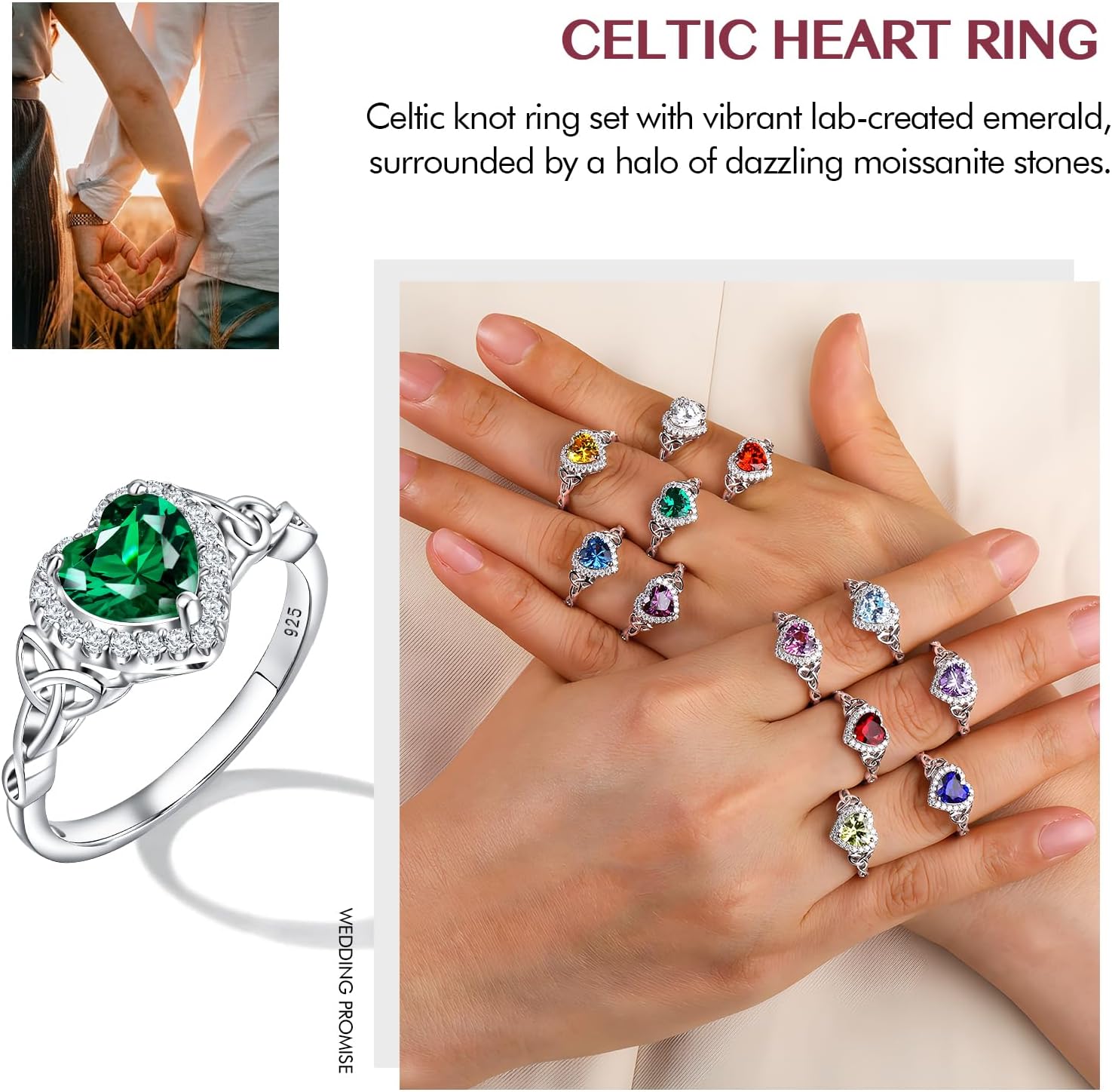 DAYBYDAY Celtic Birthstone Rings for Women 925 Sterling Silver Heart/Round/Pear/Oval Created Gemstone Moissanite Halo Engagement Promise Rings for Her Wife Birthday Anniversary Wedding Jewelry