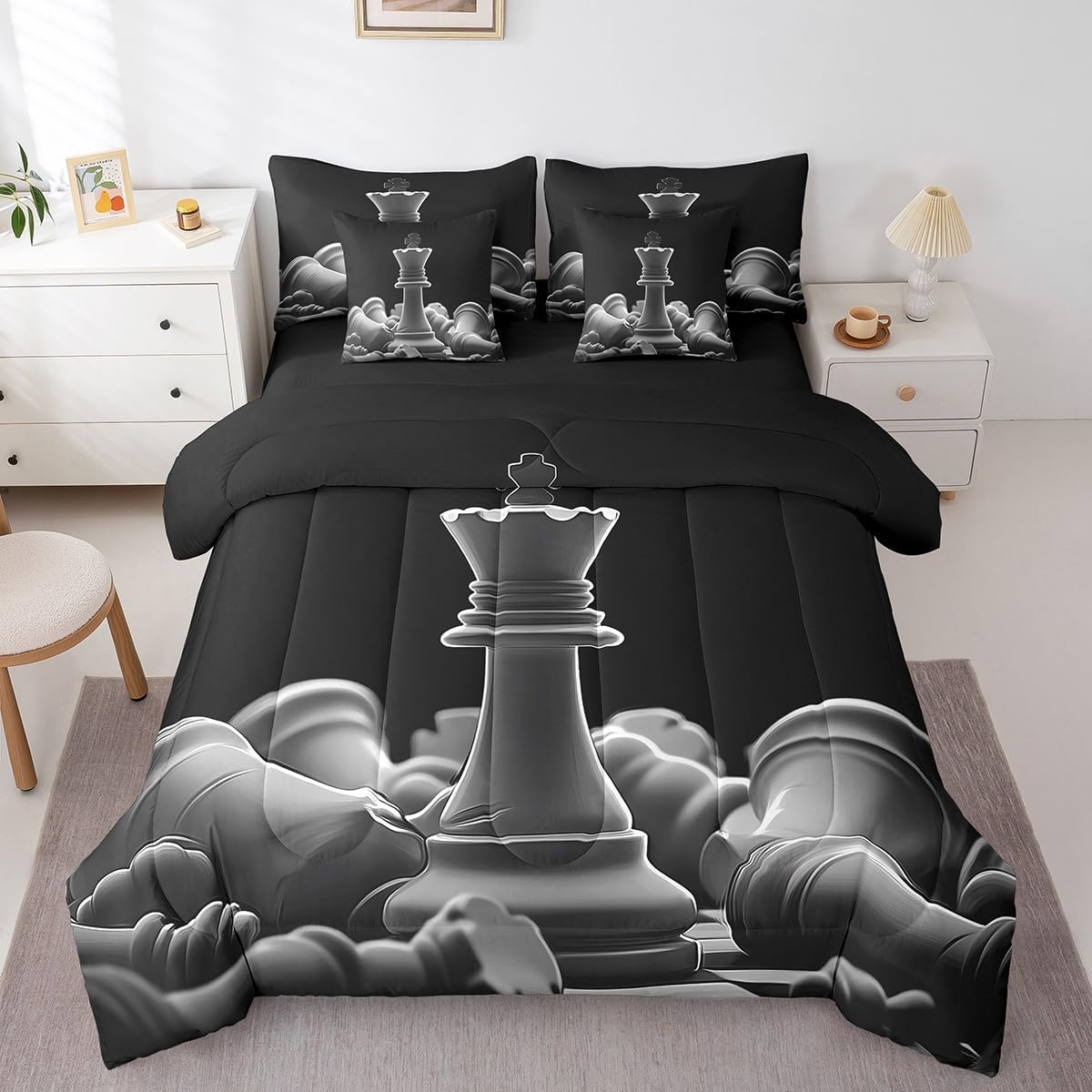 Erosebridal Chess 7 Piece Bedding Set Queen King and Knight Comforter Set with Sheets Board Gaming Mysterious Bed in a Bag White Black