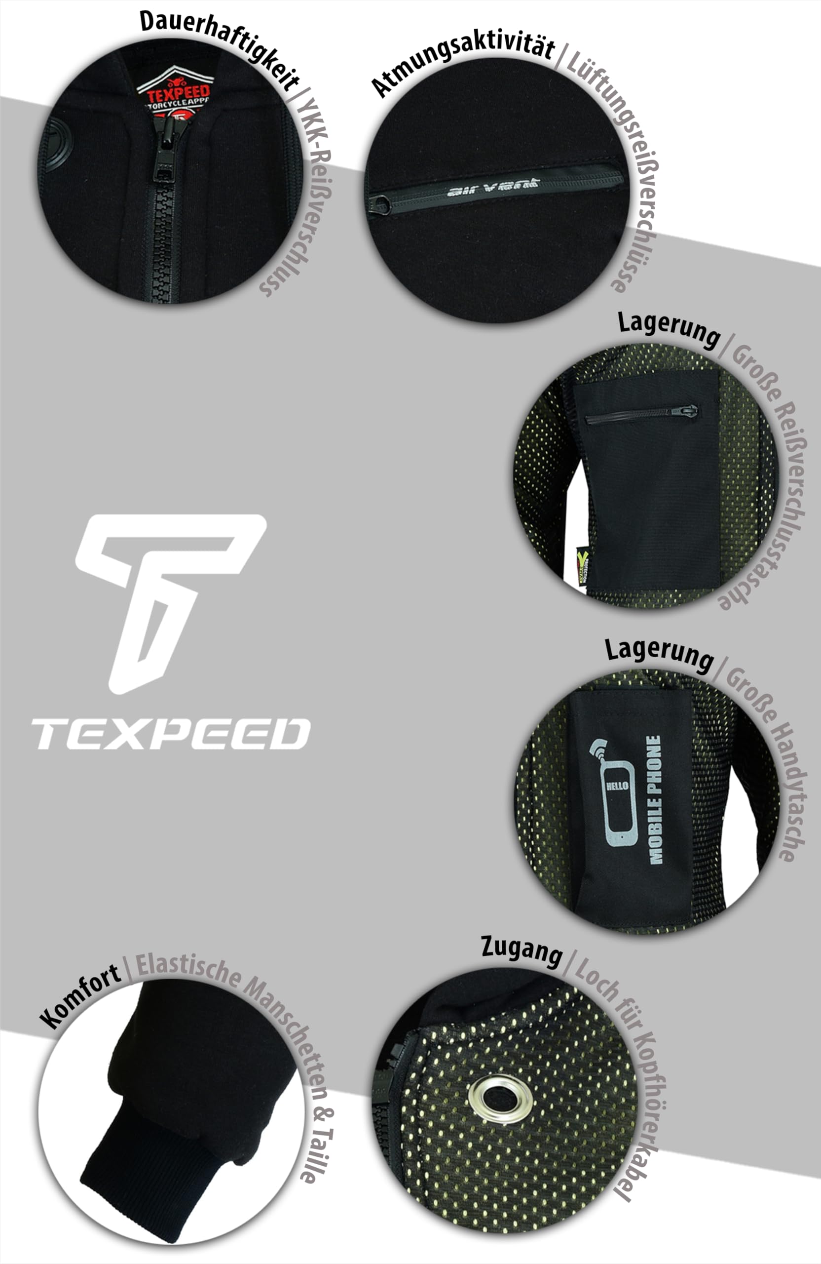 Texpeed Herren Motorradjacke Motorrad Biker Kapuzenjacke - Kapuzenpullover schützendem Aramid mit Rüstung (EN 1621-1) Schutz - Schwarz Grau XXL