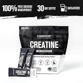 Jacked Factory Creatine Monohydrate Stick Packs 150g - 5g Daily Creatine Supplement for Men and Women, Vegan-Friendly, Third-Party Tested - 30 Servings, Unflavored