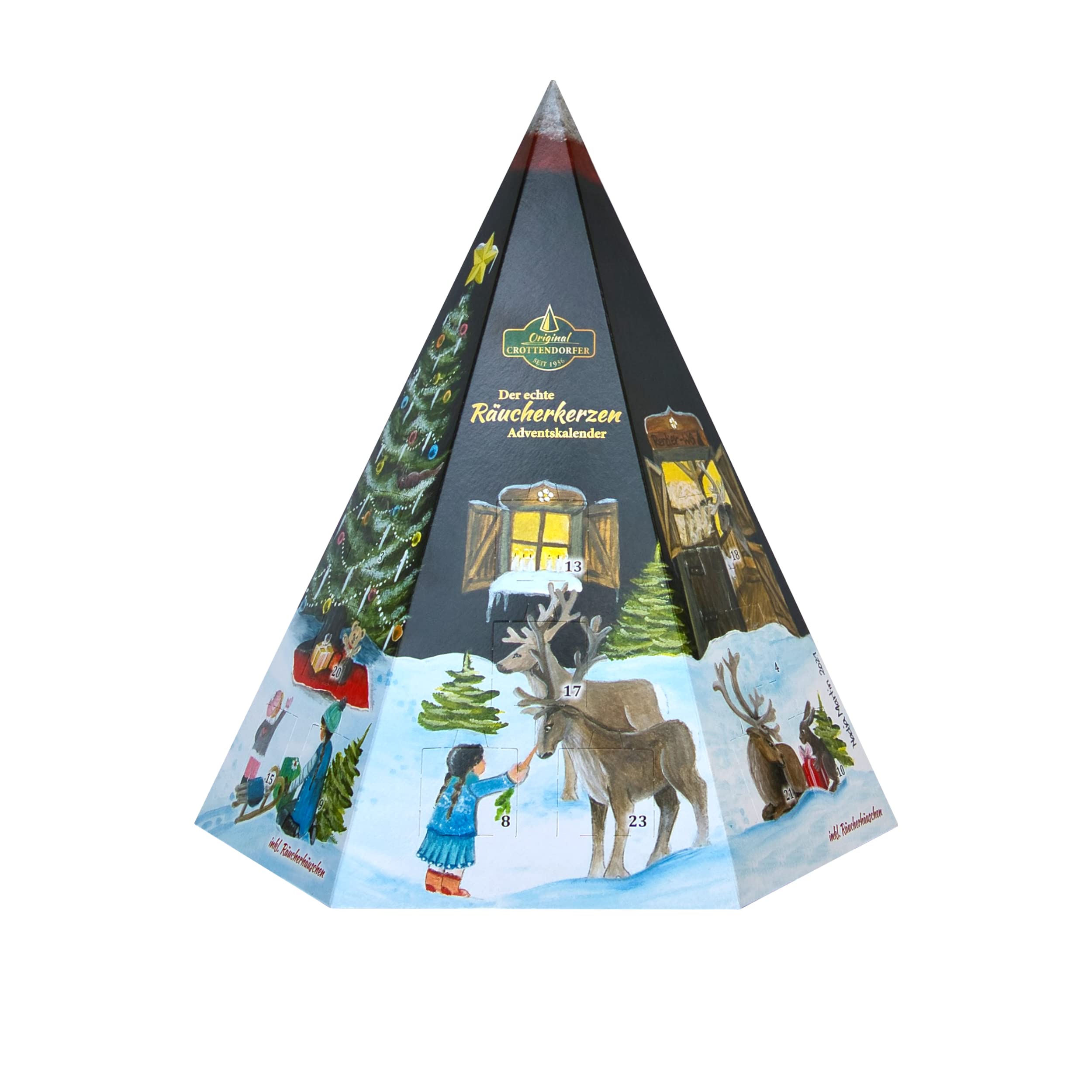 Der echte Räucherkerzen Adventskalender Pyramide mit Räucherhäuschen aus Metall und Original Crottendorfer Räucherkerzen