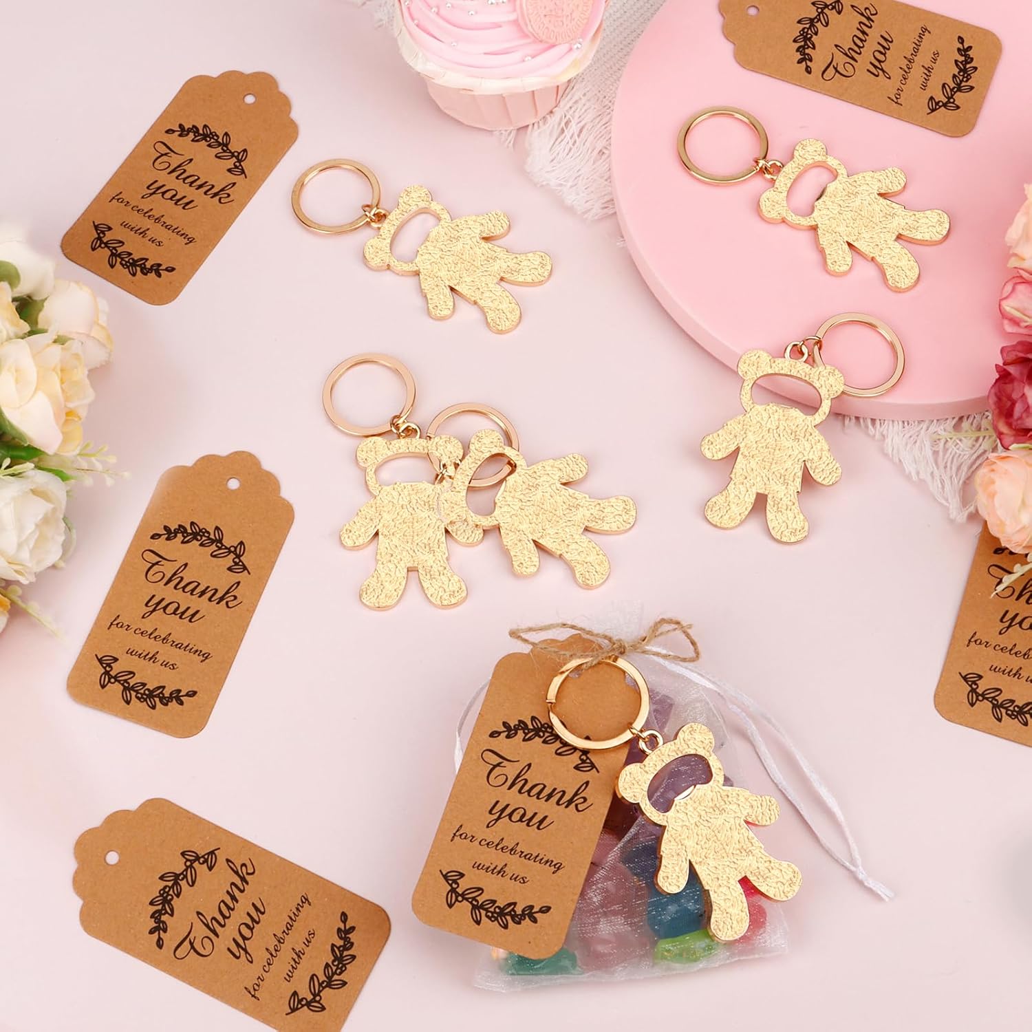 24Pack Bear Bottle Opener Keychain Baby Shower Return Favors for Guests Cute Bear Bottle Opener with Organza Bags Tags, for Birthday Wedding Decoration Return Gift Souvenirs
