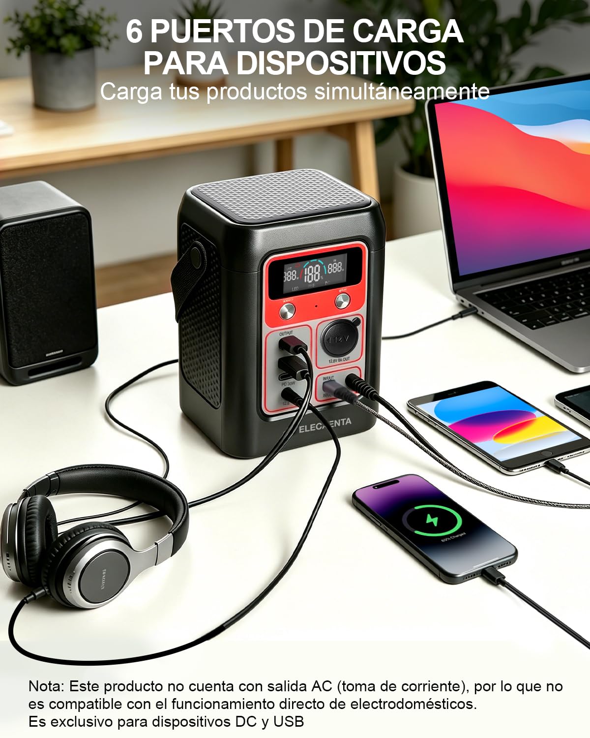 ELECAENTA Estación Energía Portátil 192Wh LiFePO4 210W 6 Puertos USB-C PD | 6 Salidas 210W Totales, Carga Solar/Coche/CA/USB-C PD 100W, LED SOS, LCD, Ligero 1,78kg para Camping Caravana Emergencia