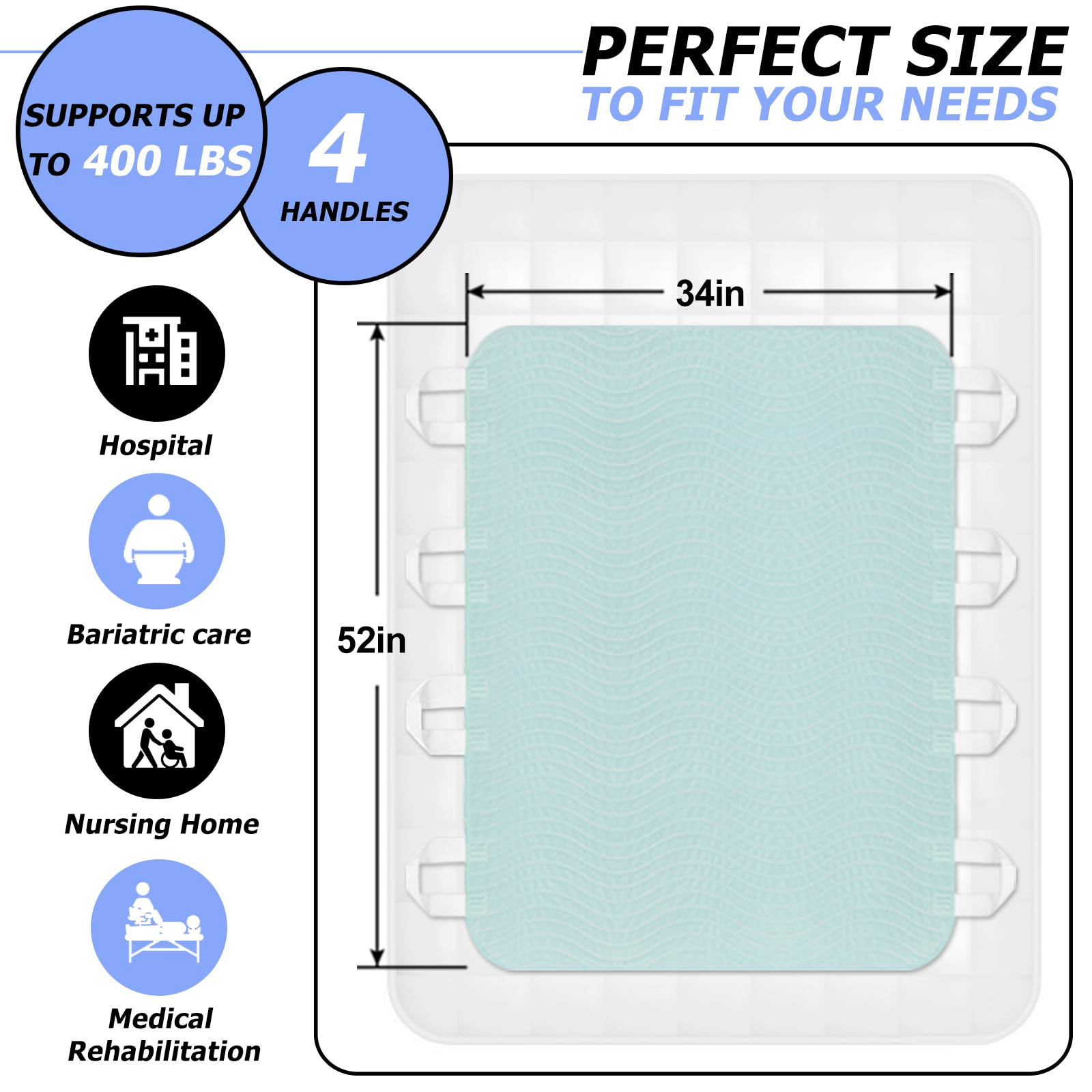 Almohadillas de cama para incontinencia, lavables, con asas, reutilizables, absorbentes con 4 capas impermeables para incontinencia, ancianos postrados en cama (34 x 52 pulgadas, paquete de 2)