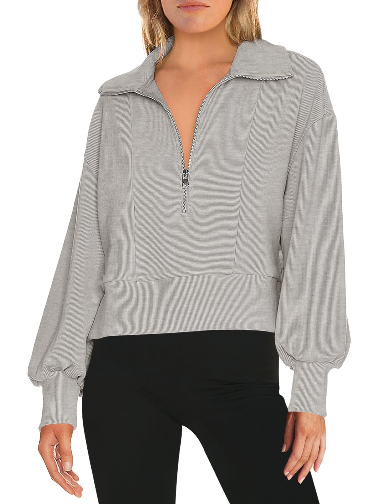 MEROKEETYWomen's 2023 Long Sleeve Half Zip Cropped Sweatshirt Lapel Casual Ribbed Pullover Tops