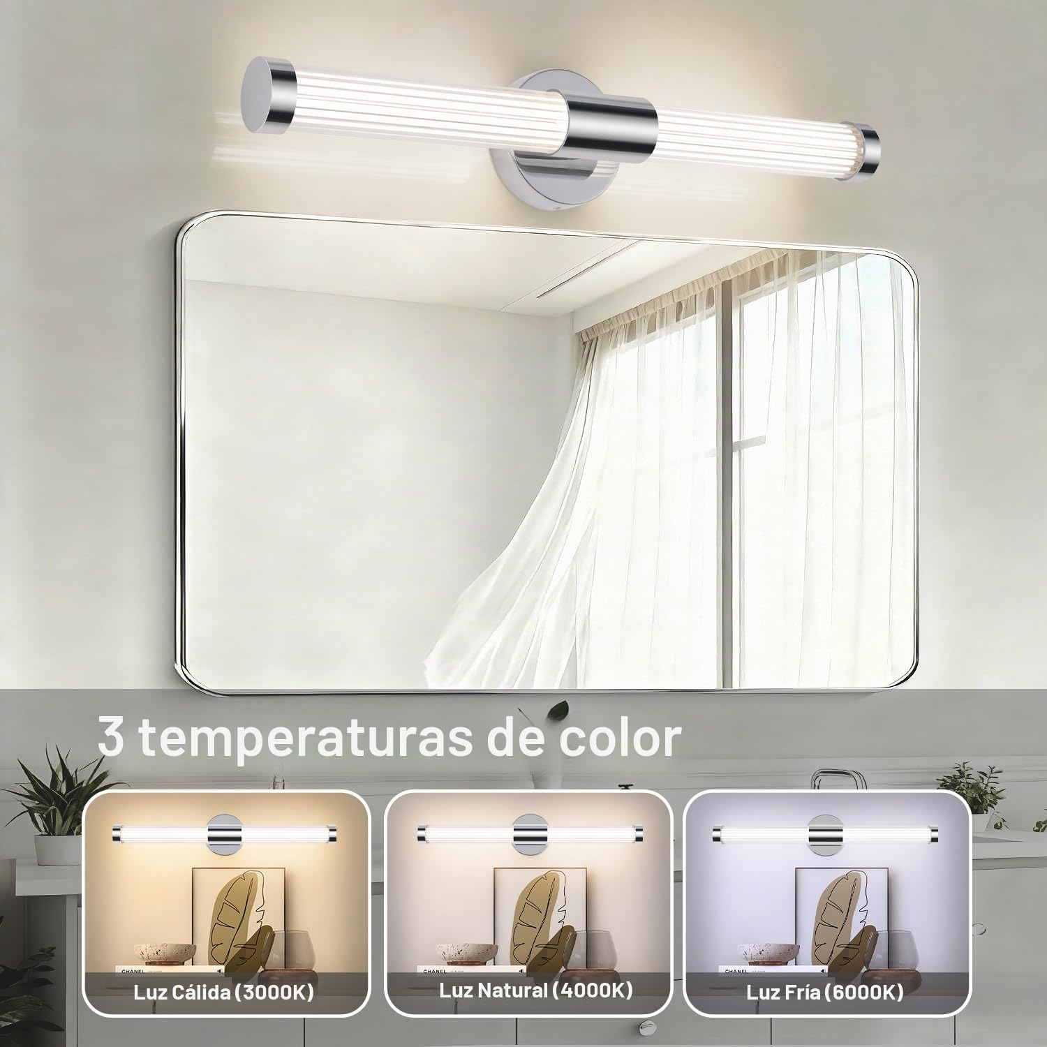 MantoLite LED Lámpara para espejo de baño - 60,5 cm IP44 Lámpara para espejo de baño 360° Lámpara de pared moderna para interiores 12 W 3 CCT Ajustable Lámpara para cuadros Cromo