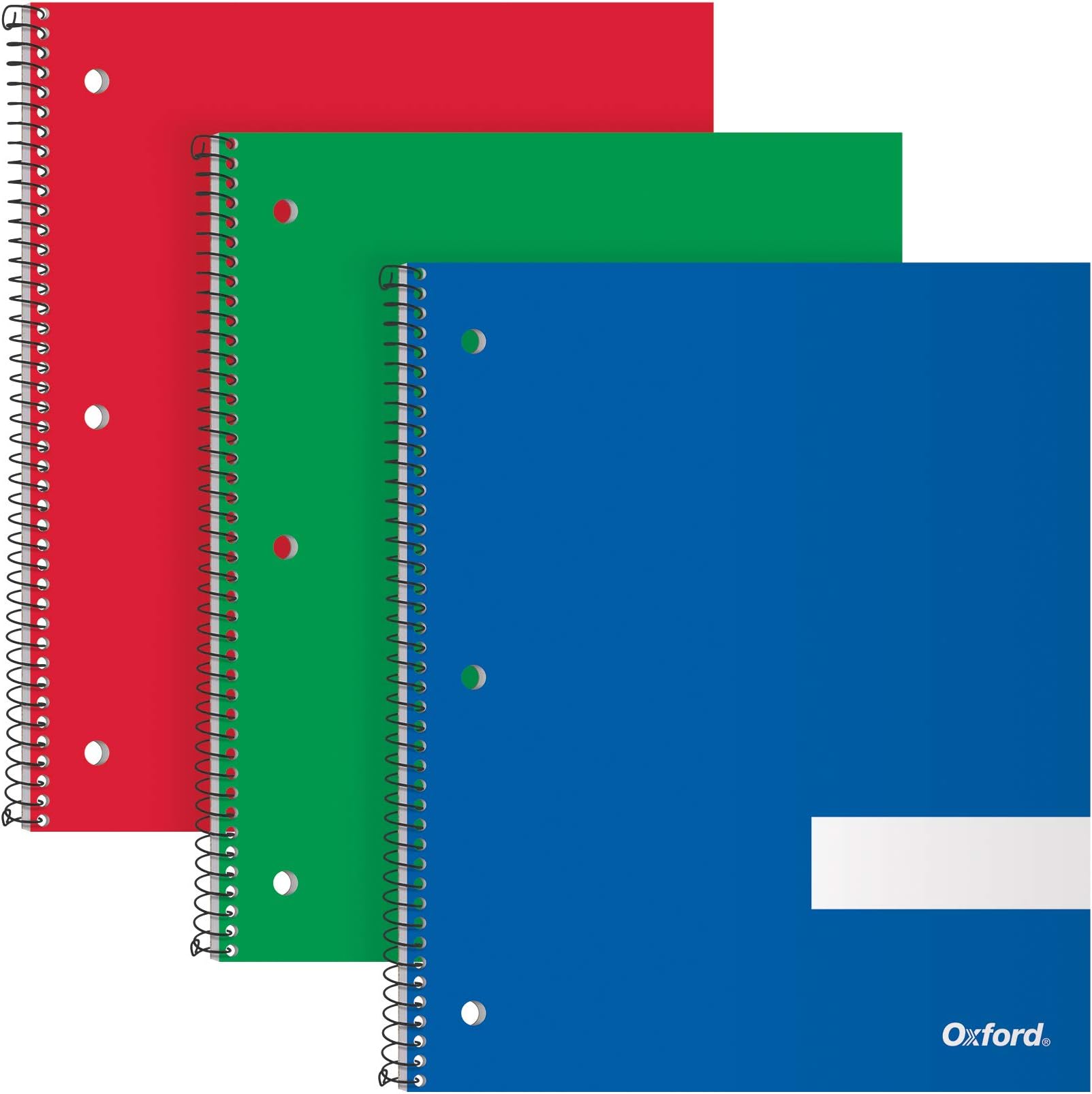 OxfordSpiral Notebooks, 1 Subject, Wide Rule, Durable Covers, Heavy-duty Coil, 1 Pocket, 8.5 x 11, 100 Sheets, Red, Blue, Green, 3/Pack (89702)