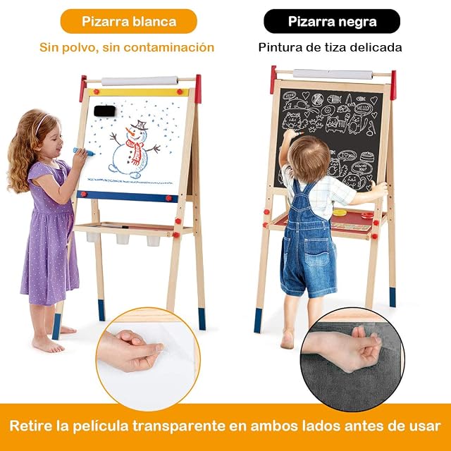 Foto 4 de 8 de COSTWAY Caballete para Niños 3 en 1 Tablero de Doble Cara Pizarra de Pie de Madera con Accesorios para Juego…