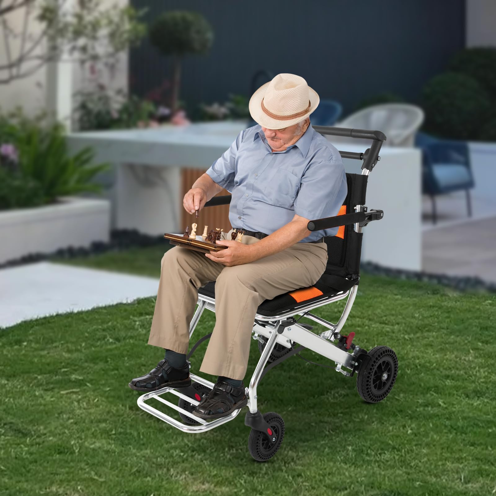 Elderly Folding Wheelchair, Portable Metal Travel Mobility Transport Chair, 352 lb. Load Capacity, with Foldable Pedals, Seat Belt, Hand Brake and Storage Bag, Lightweight Folding Chair