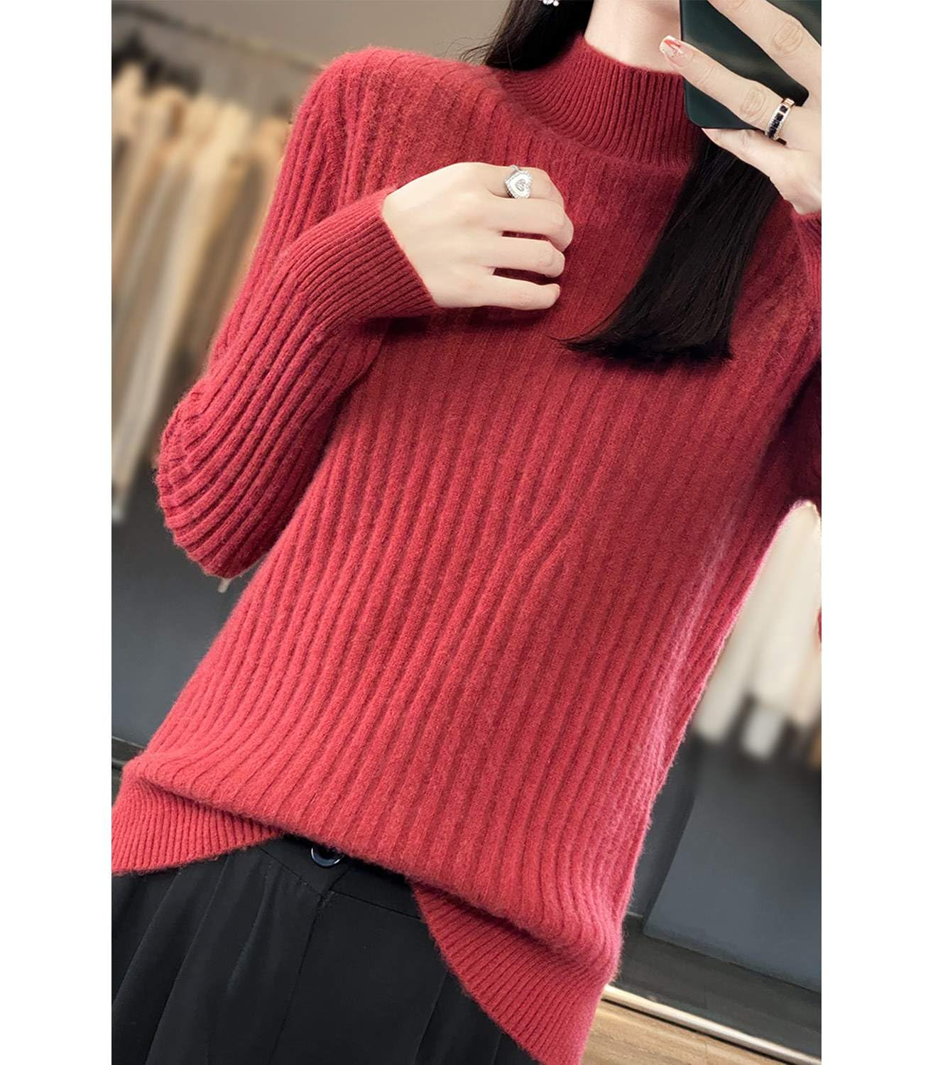 Suéter 100 % de lana merino para mujer, cuello alto falso, manga larga, suéter de punto cálido y suave