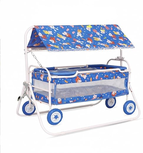 BabyGo Baby Cradle with Swing, Mosquito Net & Canopy | 0–12 Months | Foldable 2-in-1 Rocking Cradle Cot with 4 Wheels & Brake | Soft Bed | Metal Frame | Blue Floral (Medium)