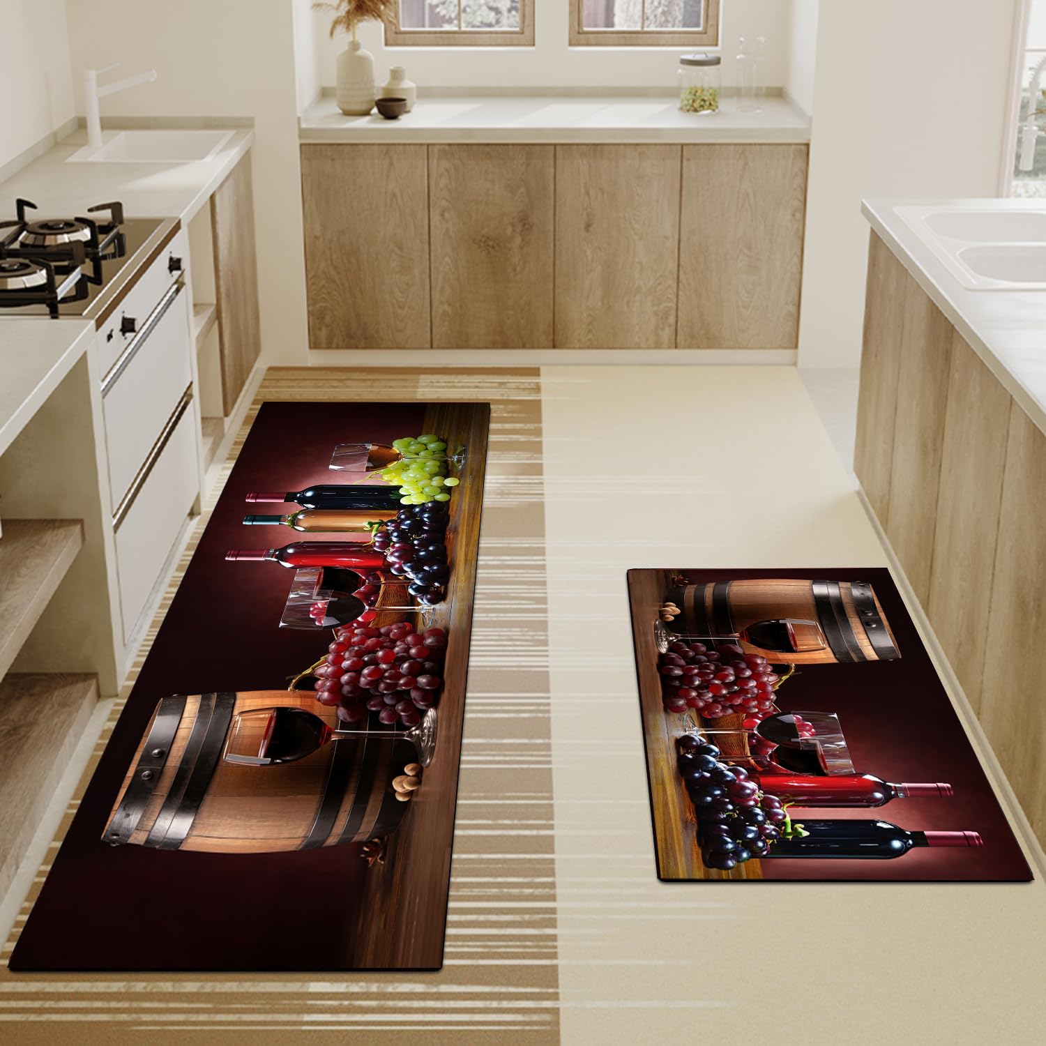 ALXRLXR Red Wine Kitchen Rug 2 Piece Set, Farmhouse Rustic Decor Kitchen Rugs, Non-Slip Absorbent Washable Floor Mats 17x30+17x47 Inches