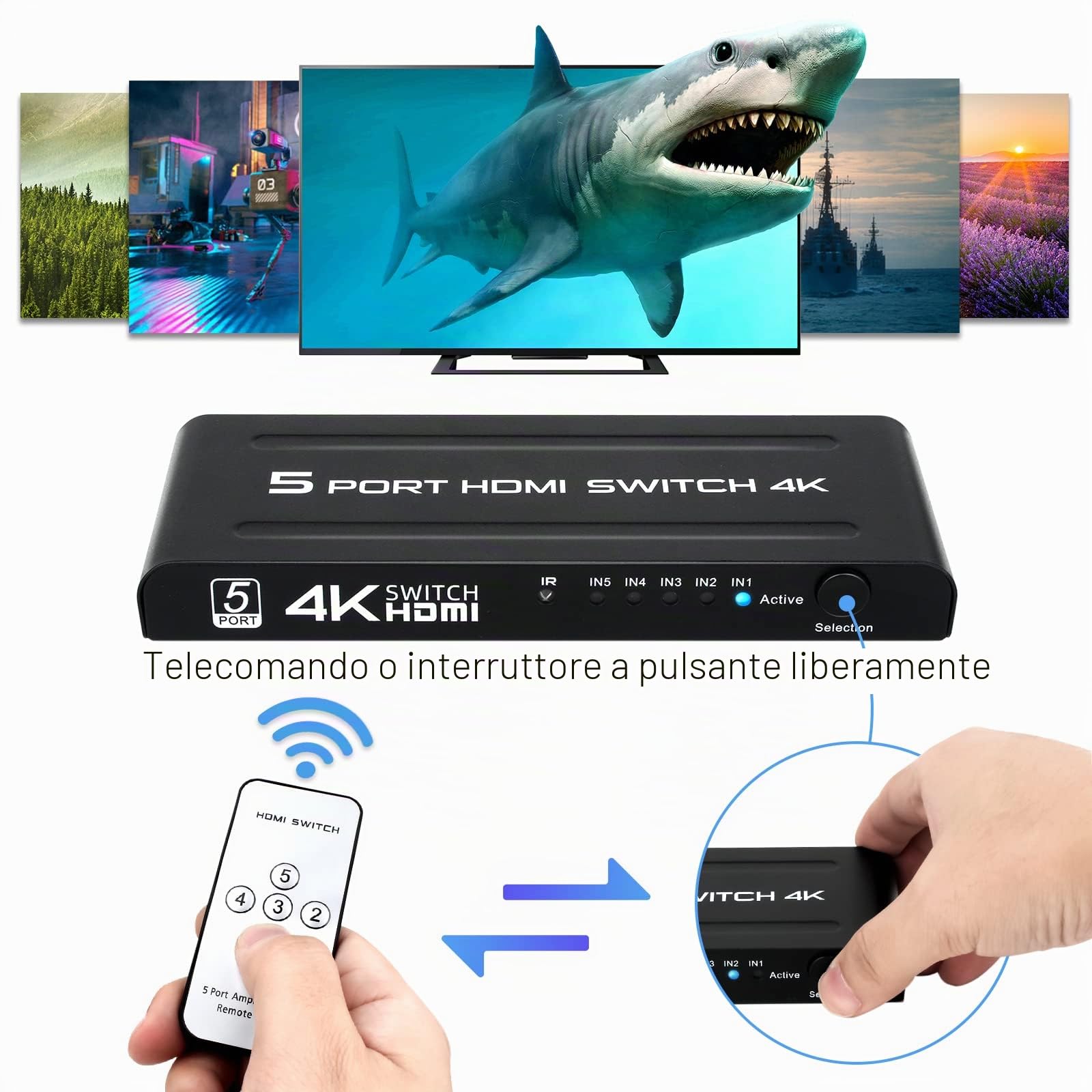 TCNEWCL Switch HDMI 5 in 1 out, 5x1 Sdoppiatore 4K Splitter HDMI con Telecomando, Supporta 4K, 3D, 1080P, Full HD, HDCP per HDTV Xbox PS5 PS4 Blu-Ray DVD