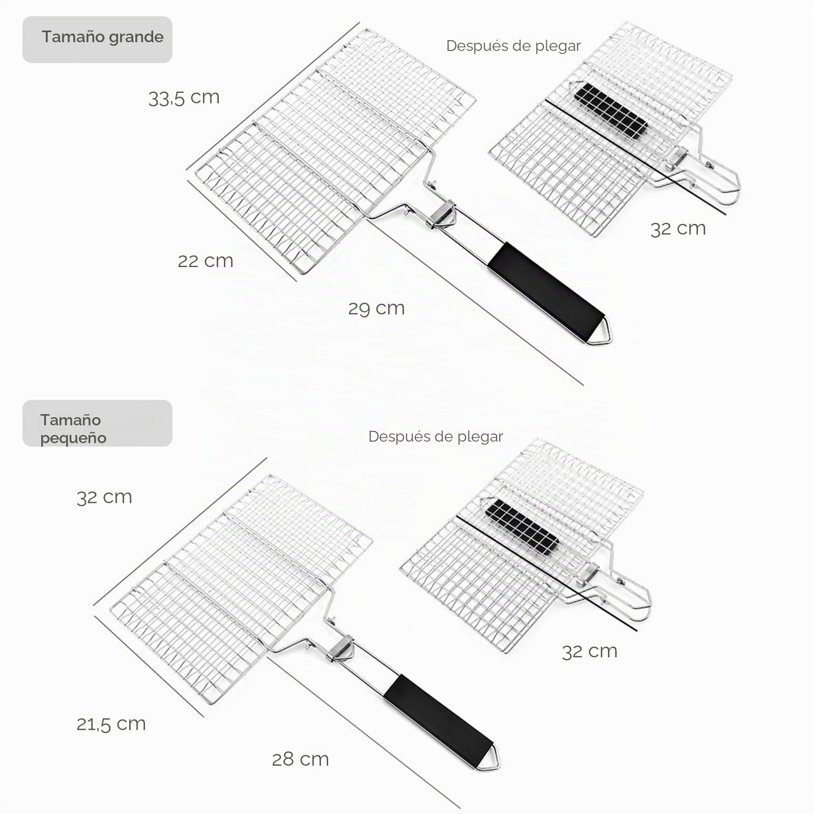 2 cestas portátiles para barbacoa, cesta plegable para pescado, cesta de red plegable de acero inoxidable con asa de madera extraíble para pescado asado, brochetas, verduras, filetes y camarones