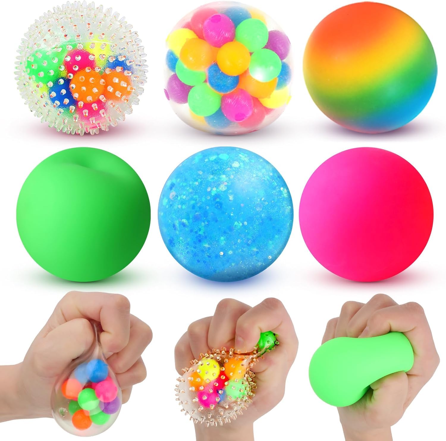 LESONG 6 Stück Sensory Stressballs, Anti Stress Bälle Fidget Spielzeug für Kinder Erwachsene, Squishy Balls Anti Stress Spielzeug für ADHD Autismus Geburtstag Klassenzimmer Geschenke