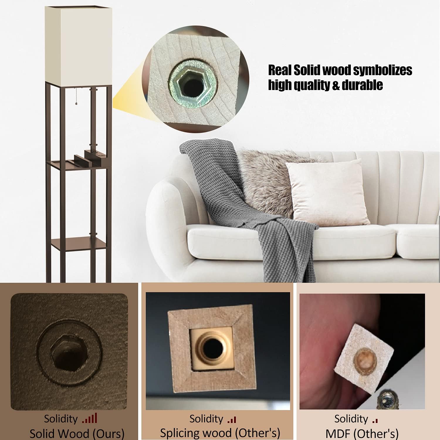 Exclusive Discount 90% Price PAZZO Floor Lamp with Shelves, Shelf Floor Lamps by Solid Wood with 2 Charging Ports and 1 Power Outlet, Floor Lamps for Bedrooms, Lamps for Living Room, Brown Color