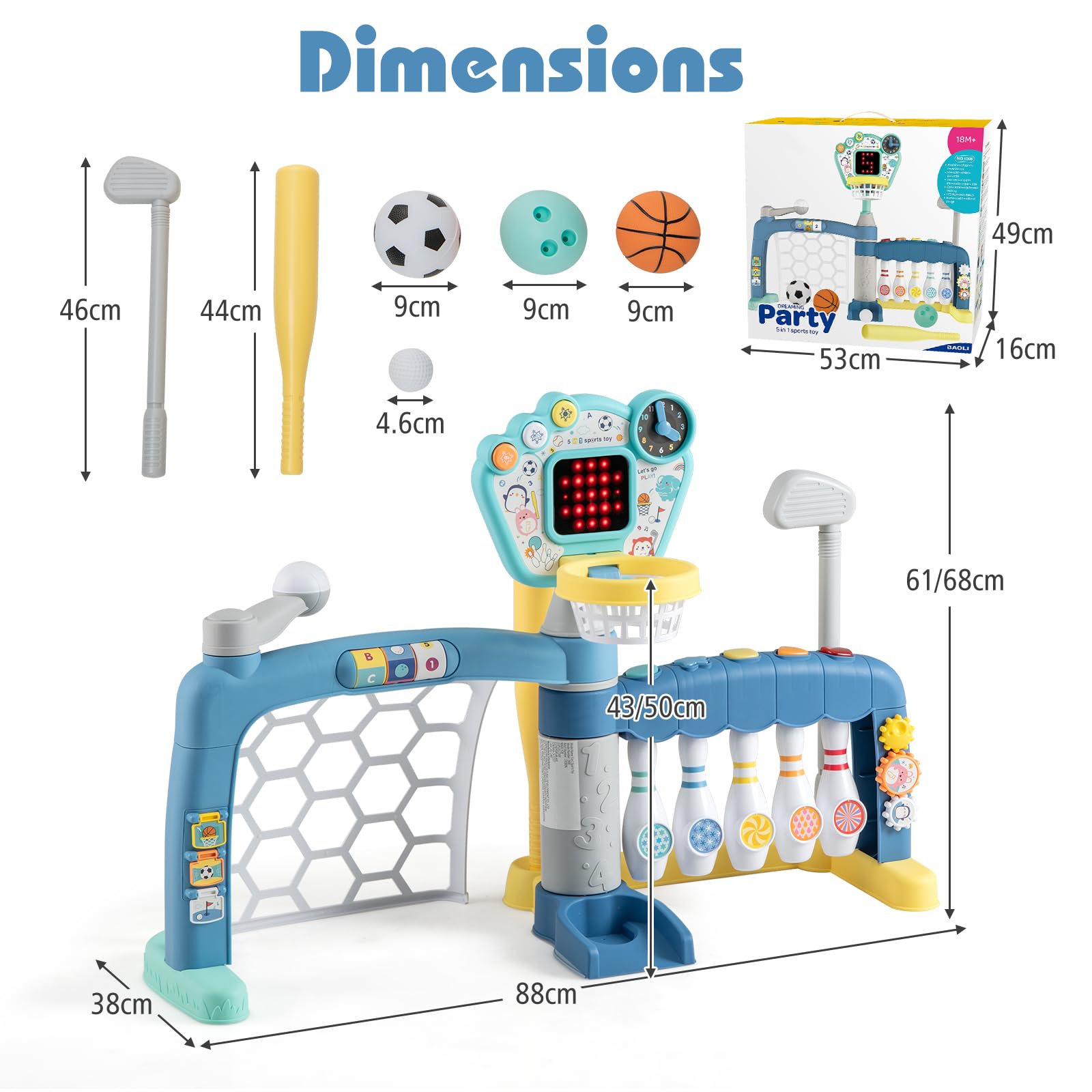 HOMASIS 5 in 1 Kinder Basketballkorb Set mit Licht & Sound, multifunktional Basketballständer mit Fußballtor, Golf, Bowling & Baseball, höhenverstellbar Basketballkorb mit Ständer mit Bälle & Zubehör