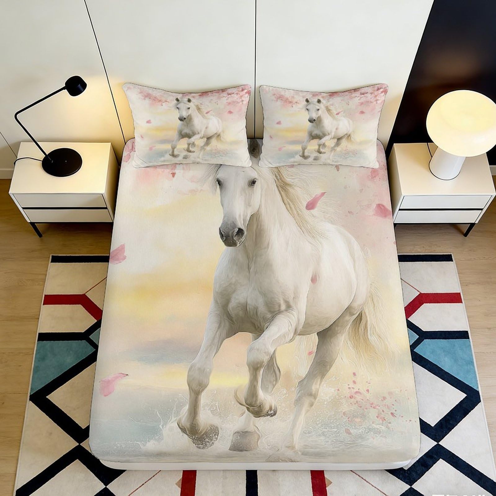 3D Printed Dream Horse Fitted Sheet Microfiber Full Wrap Bedroom Bedding Set Non-Slip Dream Horse Mattress Fitted Cover Deep Pocket Washable 140x200x25cm