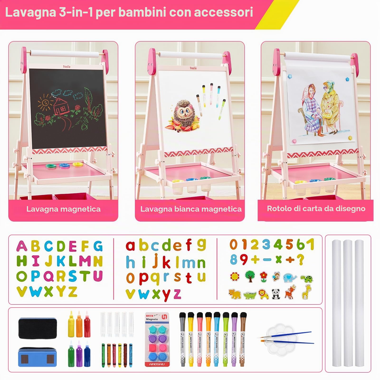 FUNLIO Lavagna per Bambini 3-8 Anni, Pannello Anti-Warp e Cornice Cancellabile, 3 Altezze Regolabili Lavagna Bambini Con Cavalletto/Magnetica, Rotolo di Carta - Rosa