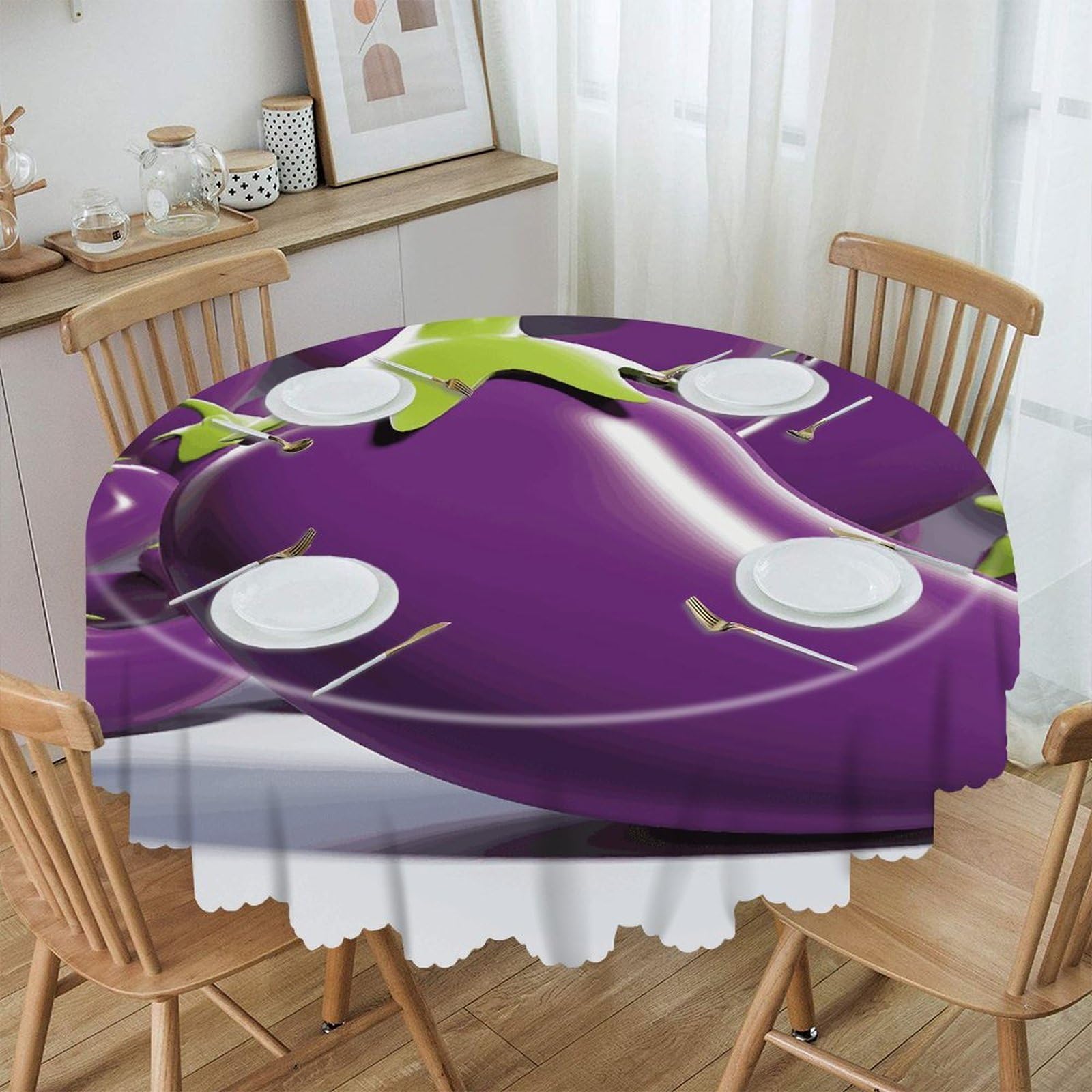 FekiLoot Cartoon Eggplant Round Tablecloth Waterproof Spill-Proof Wipeable Table Cloth Wrinkle Free Circle Dining Table Cover for Dining Kitchen Wedding Parties Machine Washable