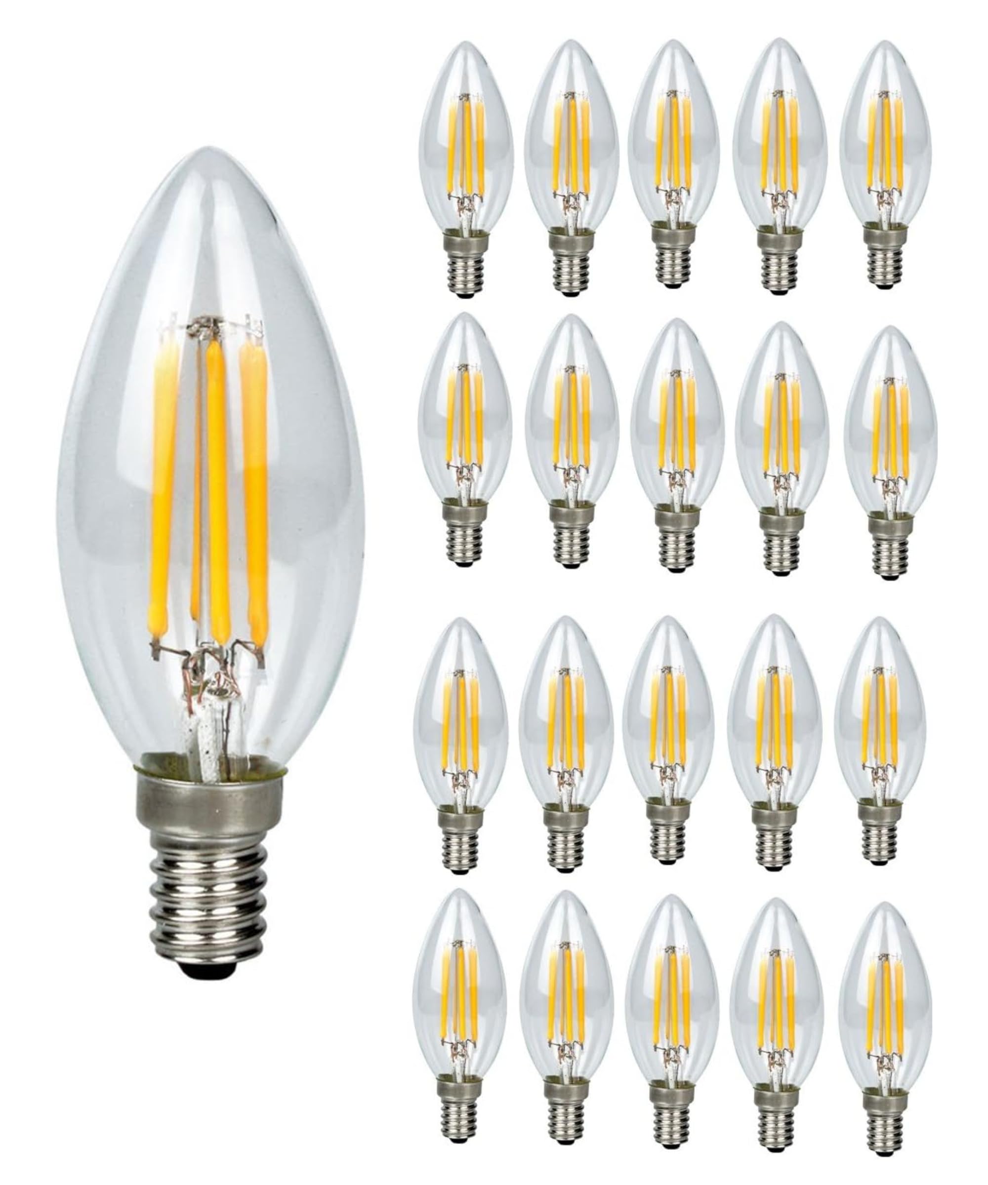 4W Vintage Candelabra LED Bulbs NON-Dimmable, 2700K Soft White, LED Chandelier Light Bulbs 40W Equivalent, Clear Glass, Filament LED Candle Bulb, E14 Base (20 Pack)