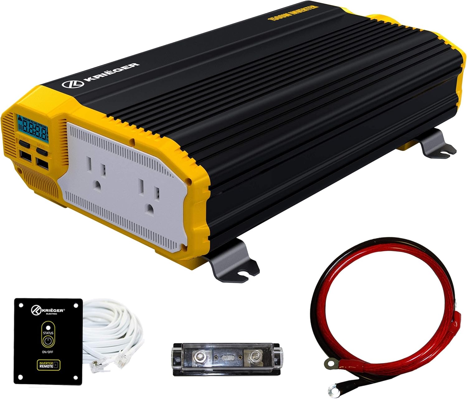 Krieger 1500 Watts Power Inverter 12V to 110V, Modified Sine Wave Car Inverter, Dual 110 Volt AC Outlets, DC to AC Converter with Installation Kit Included - ETL Approved Under UL STD 458