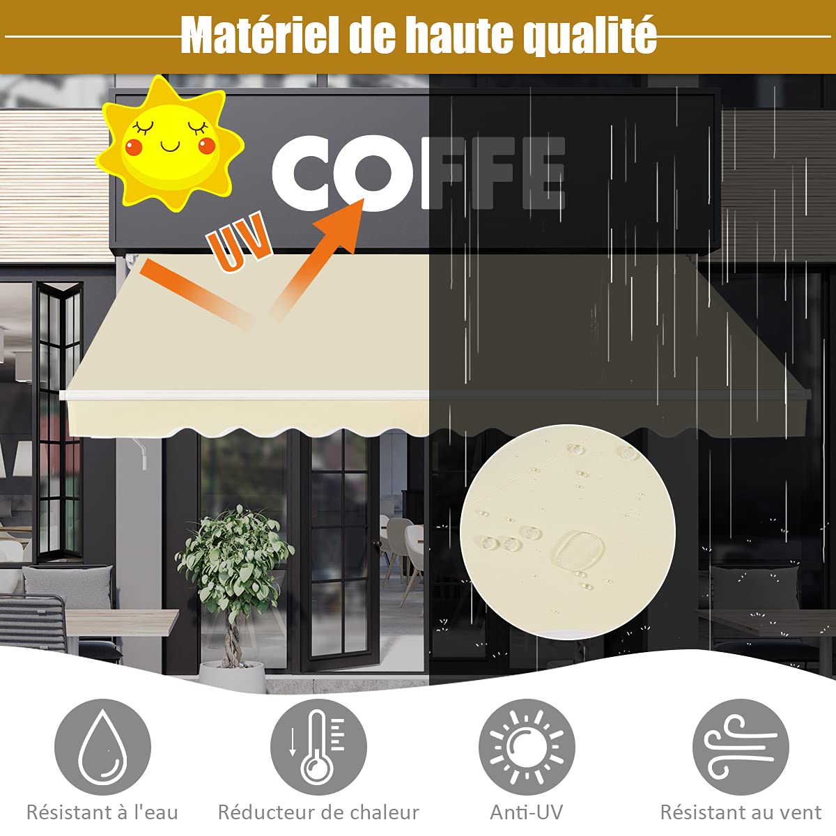 GOPLUS Store Banne Manuel 3,6Mx3M, Auvent de Terrasse Extérieur et Tissu Résistant aux UV avec Manivelle et Angle Réglable 5-35°pour Patio,Balcon,Terrasse(Beige)