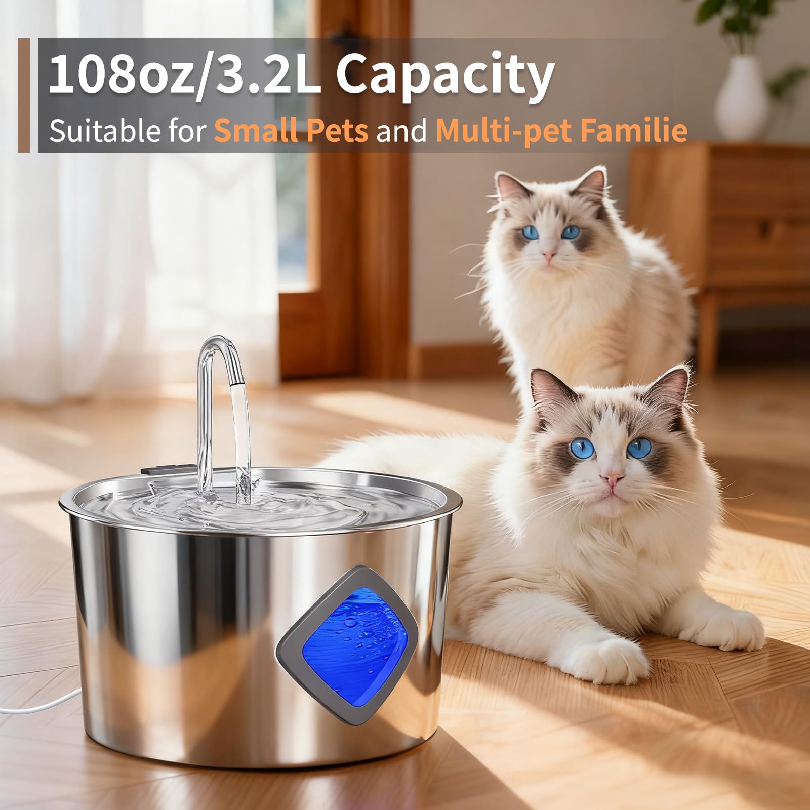 Cat Water Fountain Stainless Steel: 108oz/3.2L Automatic Pet Water Fountain for Cats Indoor- Quiet Cat Water Bowl Dispenser- Drinking Fountain for Small Dogs & Kitties-4 Filters + 4 Sponges - image 2