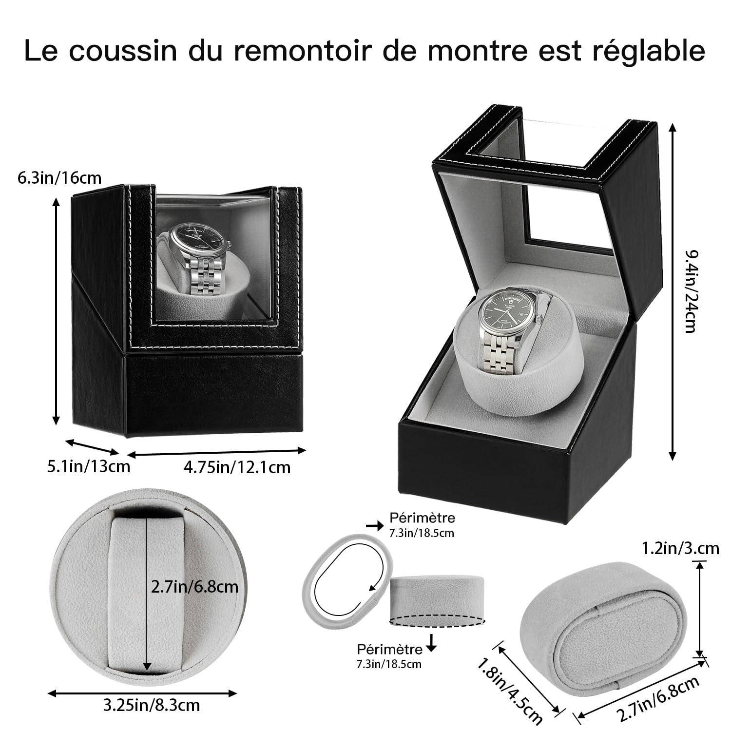 Watch Winder Remontoir Montre Automatique Boîte Cuir Vitrine Acrylique Rotation Silencieux Cadeau pour 1 Montre