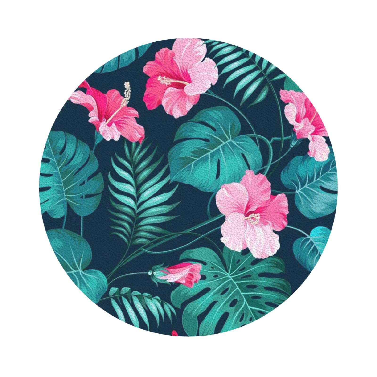 Hawaii Pink Flower PU Leather Coasters Set of 6 Round Drink Coasters