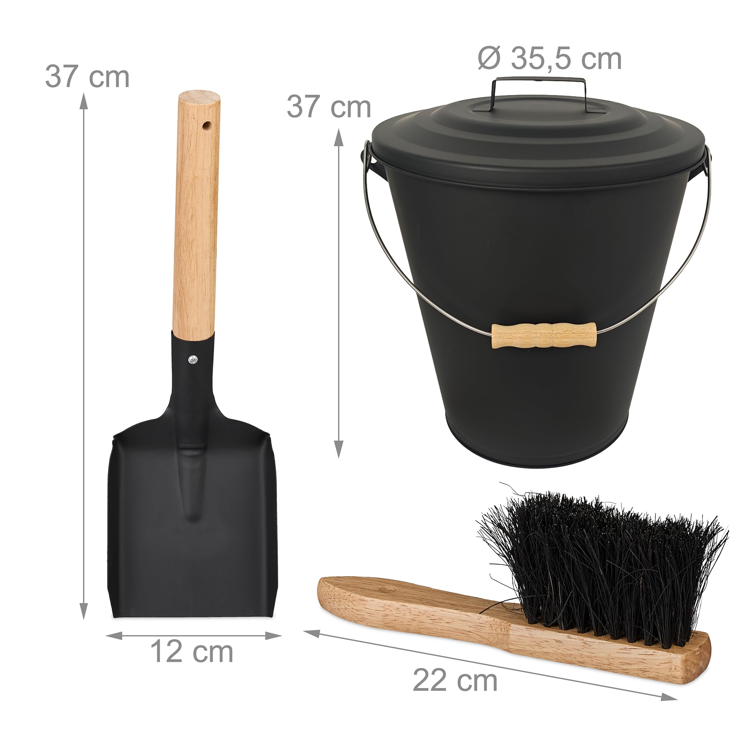 Relaxdays Secchio per Cenere con Coperchio, 24 L, Scopa e Paletta per Camino, Contenitore con Manico, Nero/Naturale