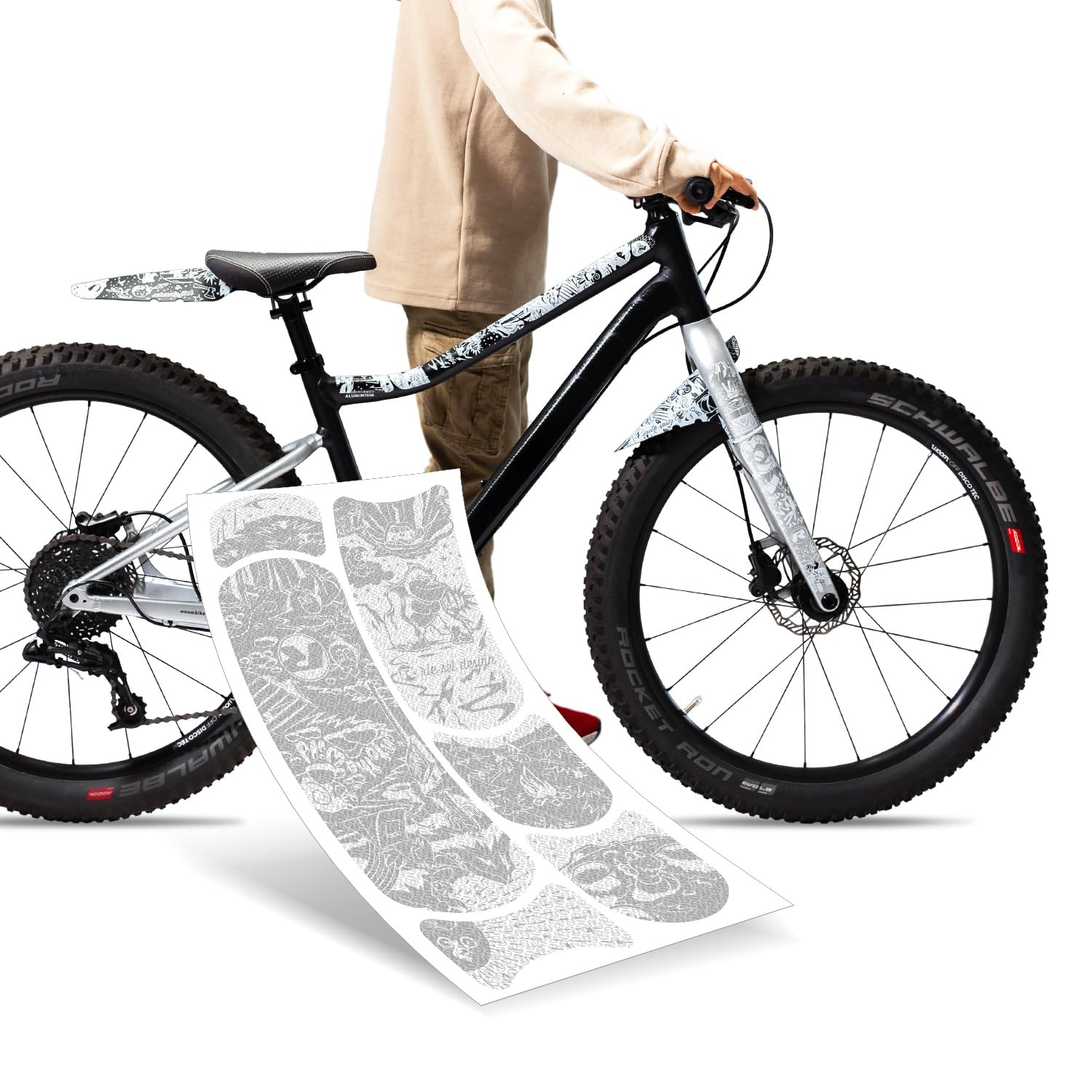 Riesel Design® - Set bestehend aus Schutzblechen für vorn und hinten für Kinderfahrrad und Rahmenschutz Folie - ab 20-26 Zoll (Youngstar Adventure Set)