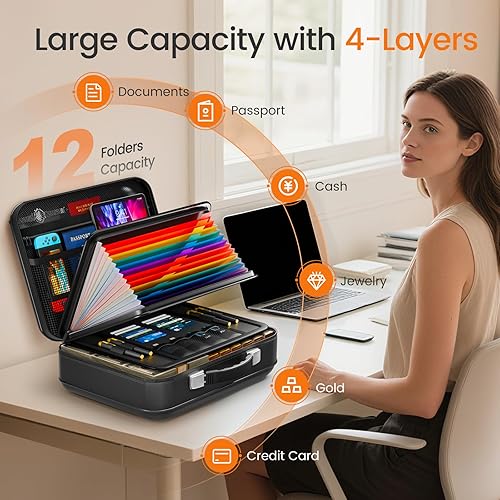 Vista 5 de Caja de Documentos Ignífuga con Cerradura, Caja Organizadora de Archivos Resistente al Fuego de 5200°F, Caja Fuerte de Maletín Duro Resistente al