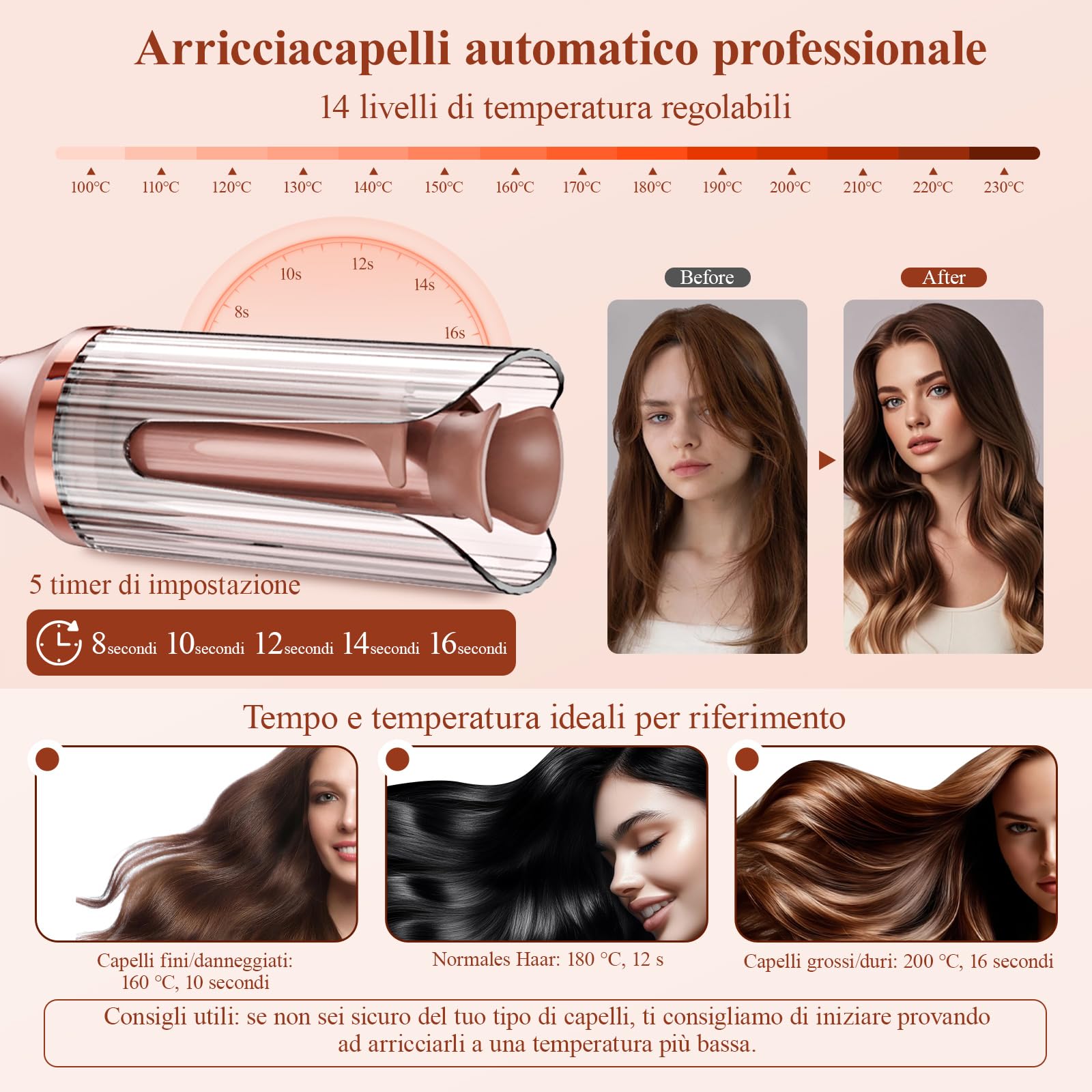 Ferro Arricciacapelli Automatico Arriccia Capelli: 25 mm Piastra Boccoli Automatica con 14 Impostazioni di Temperatura e 5 Timer - Automatic Curling Iron con Schermo LED & Protezione Antiscottatura