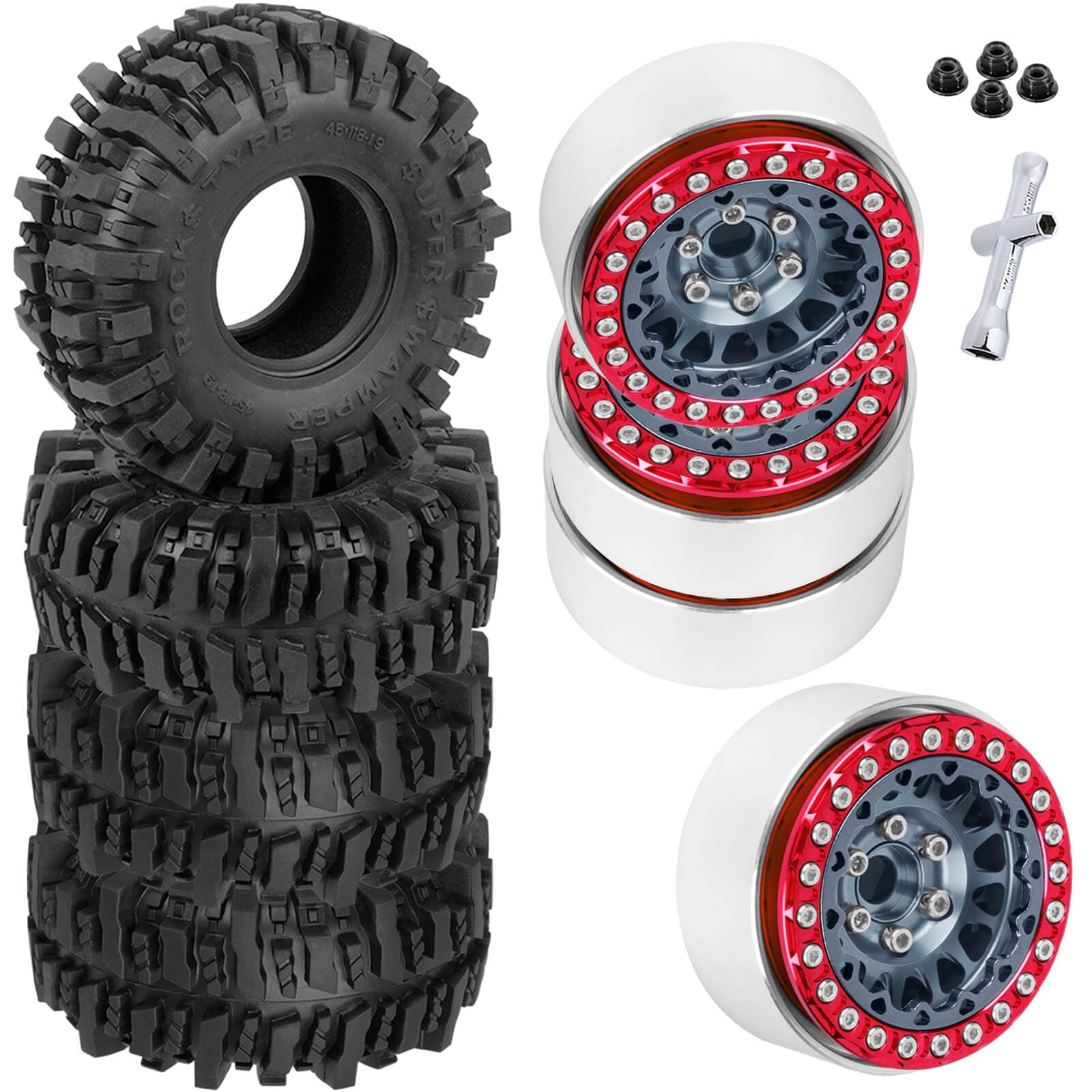 BRCatWPark RC 1.9 Beadlock Wheels and Tires for 1/10 Axia1 SCX10 SCX10 II SCX10 III TRX4 RC Crawler Car,4PCS Alloy Aluminium Beadlock Rims 1.9 rc Wheel Tires,Titanium — image 1