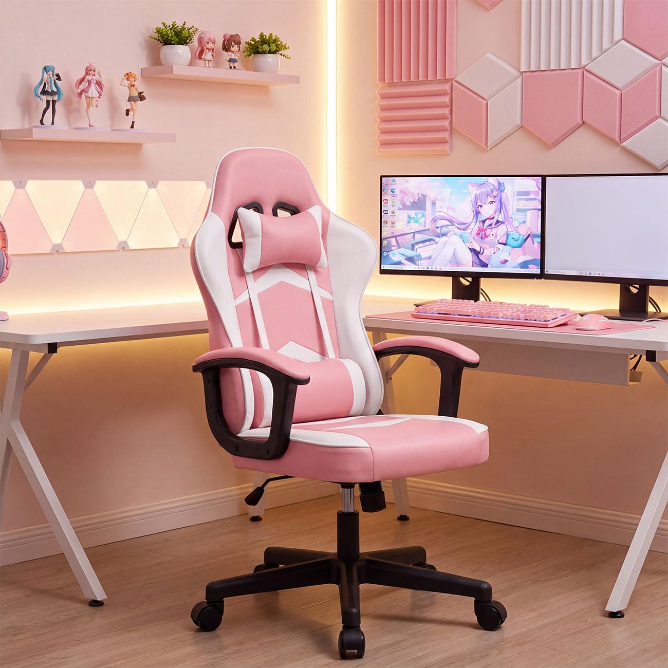 duehome | Chaise de Gaming Raptor Ergonomique réglable en Hauteur avec Roues à 360°, Design Racing, Finition Rose et Blanc, Dimensions : 50 cm (Largeur) x 68 cm (Longueur) x 116-125 cm (Hauteur)