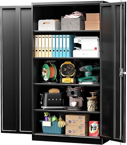 INTERGREAT Gabinete de almacenamiento con puertas y estantes gabinete de almacenamiento de metal con cerradura y cerradura gabinete de acero negro