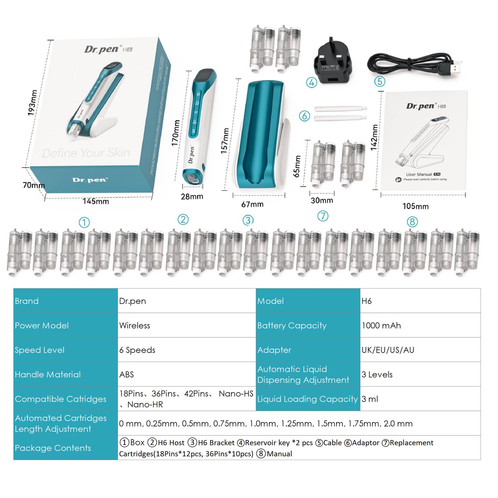 Dr. pen H6 Lápiz de Microneedling Inalámbrico, Dispositivo con Infusión de Sérum y Control Inteligente, Pantalla LED, 6 Velocidades y Profundidad Ajustable 0–2,0 mm, Cuidado Facial Casa o Salón, Azul