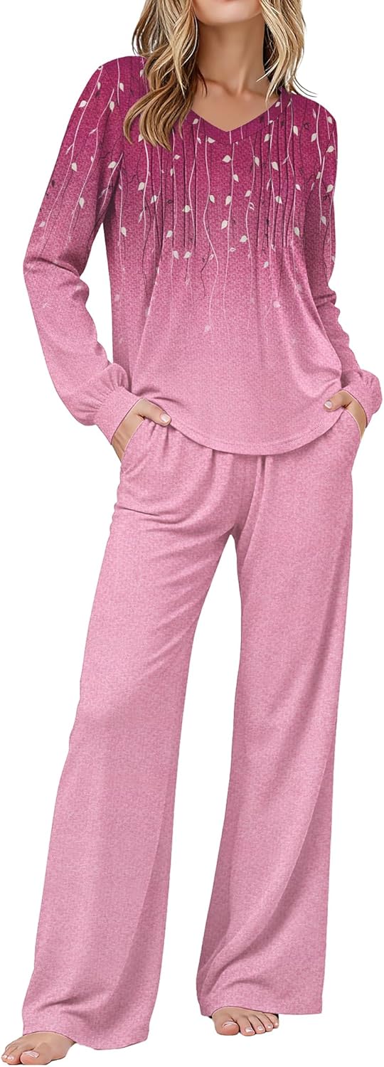 Ekouaer Women's Pajama Sets Long Sleeve Sleepwear 2 Piece Lounge Set Soft Pjs Nightwear