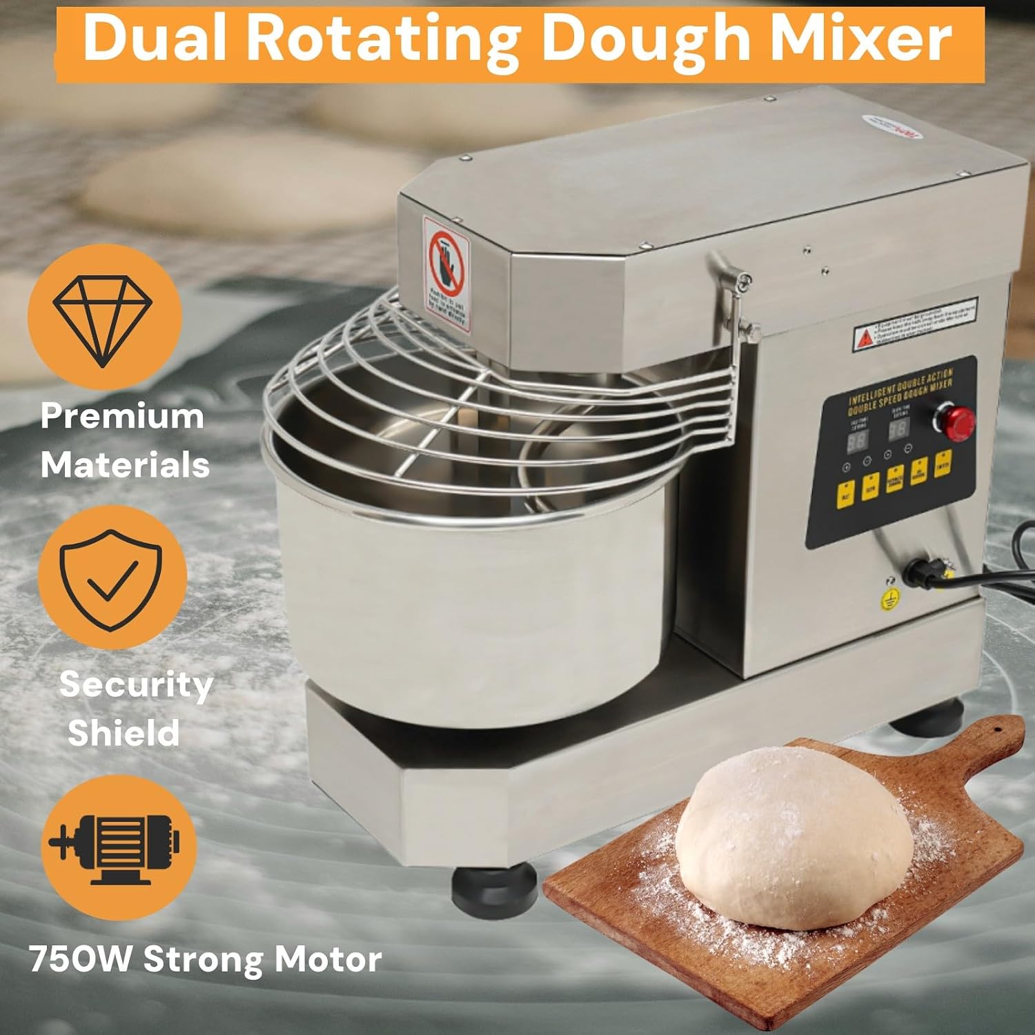 Commercial Dough Mixer, 10.5Qt 750W Dual Rotating Dough Kneading Machine with Food-Grade Stainless Steel Bowl & Timer & Safety Shield, Baking Equipment for Restaurant Pizzeria Bakery