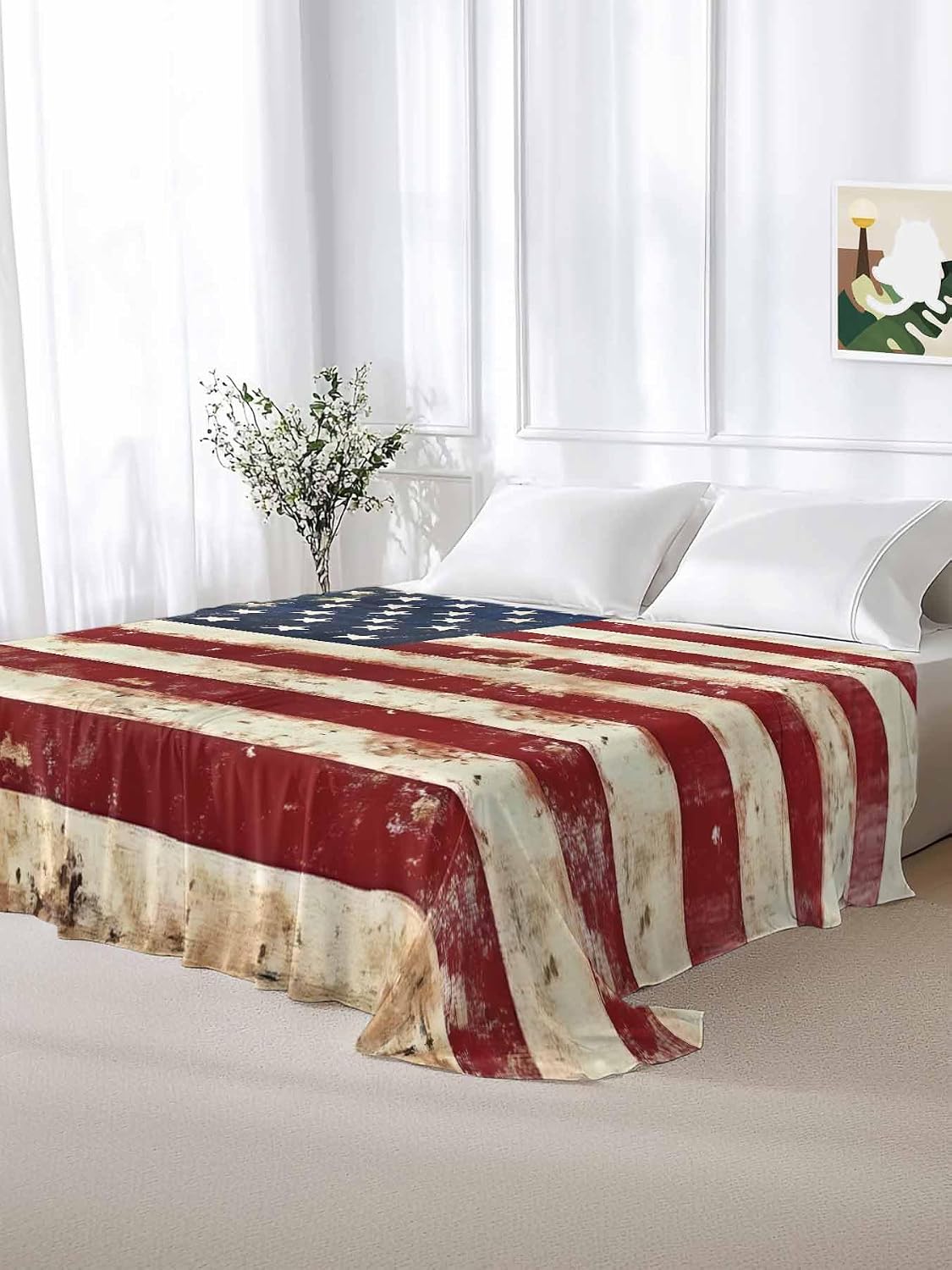King Size Flat Sheet Only, American Flag Soft Brushed Microfiber Bed Sheets, Vintage Blue Red USA Flag Retro Hotel Quality Breathable Bedding Top Sheet, Easy Care, 105"x98"
