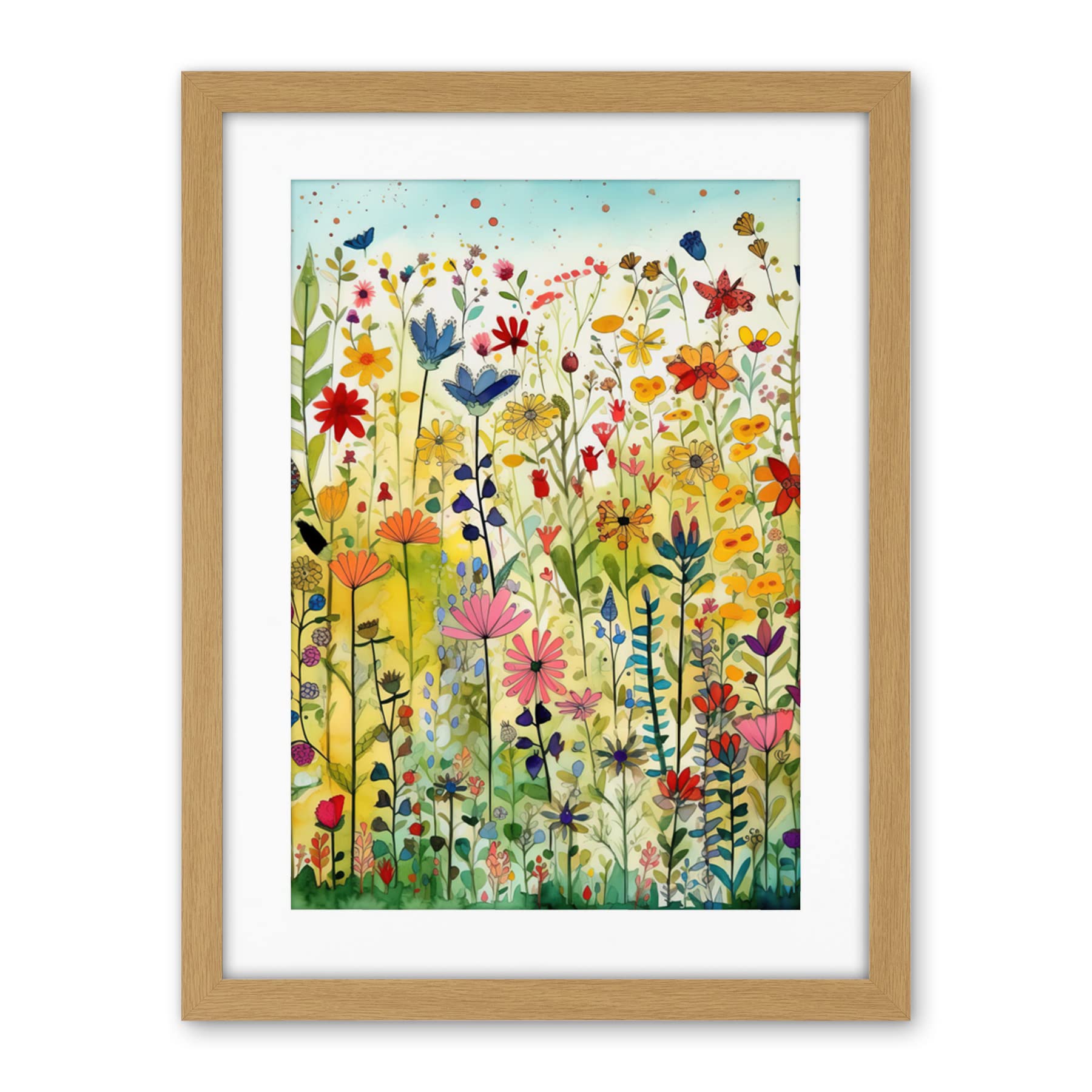 Artery8 Mixed Wildflower Bloom In Meadow Folk Art Artwork Framed Wall Art Print 18X24 Inch